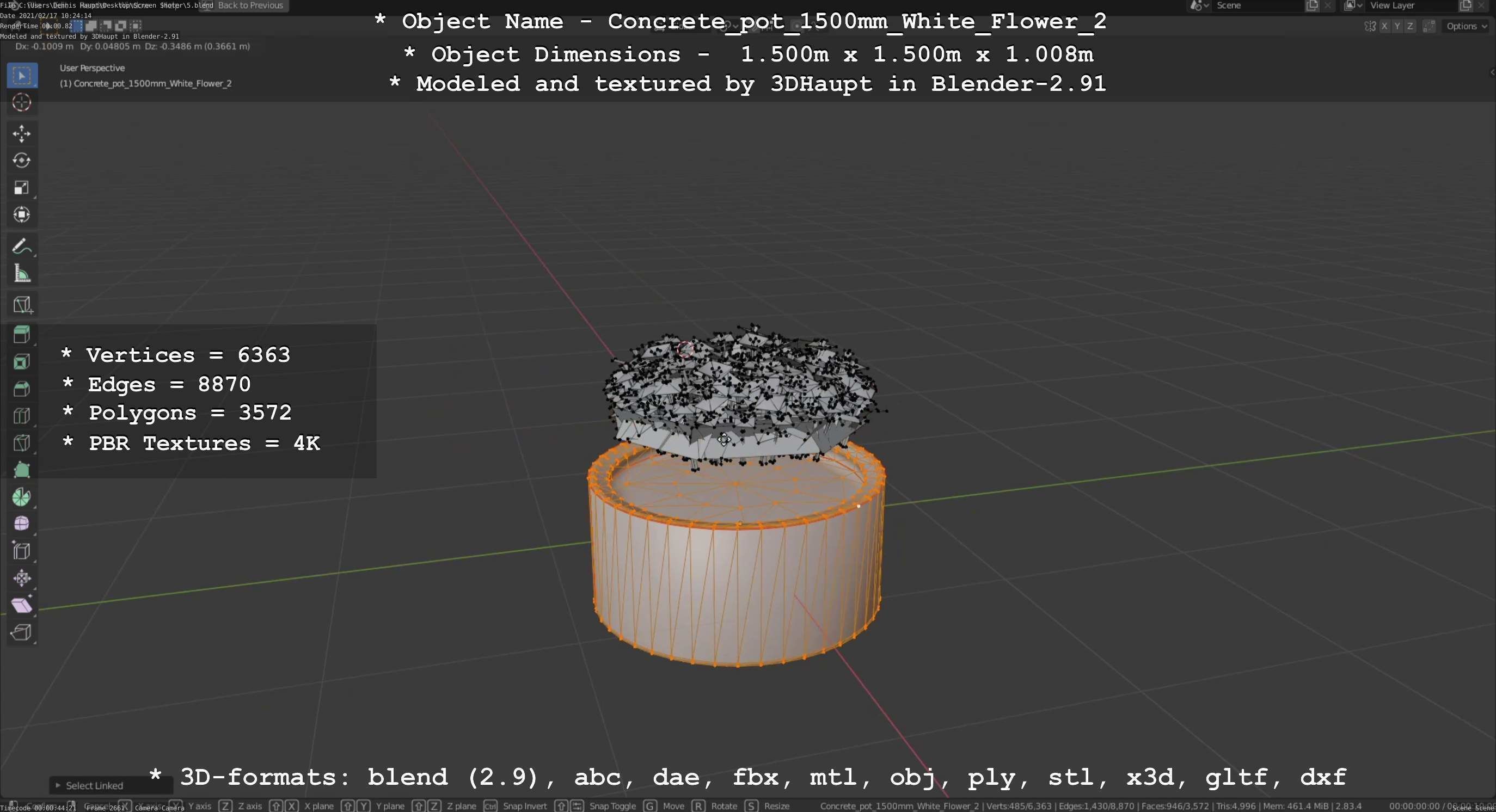 Concrete Pipe Pot 1500mm with White Version 2 Low-poly 3D model_11