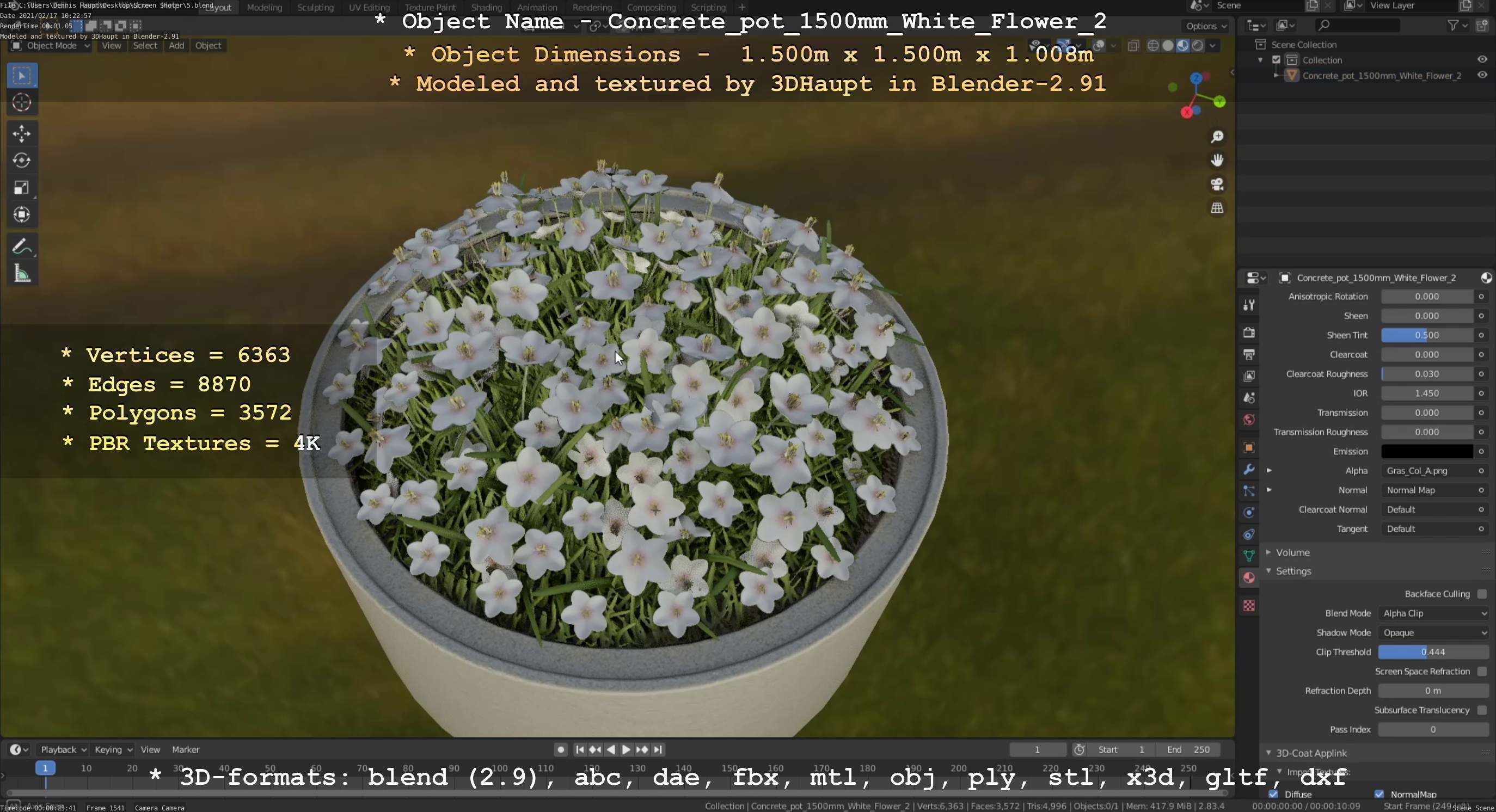 Concrete Pipe Pot 1500mm with White Version 2 Low-poly 3D model_105