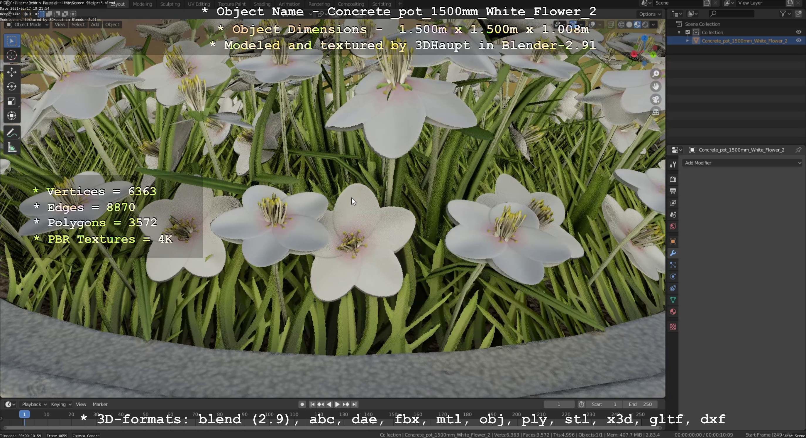 Concrete Pipe Pot 1500mm with White Version 2 Low-poly 3D model_39