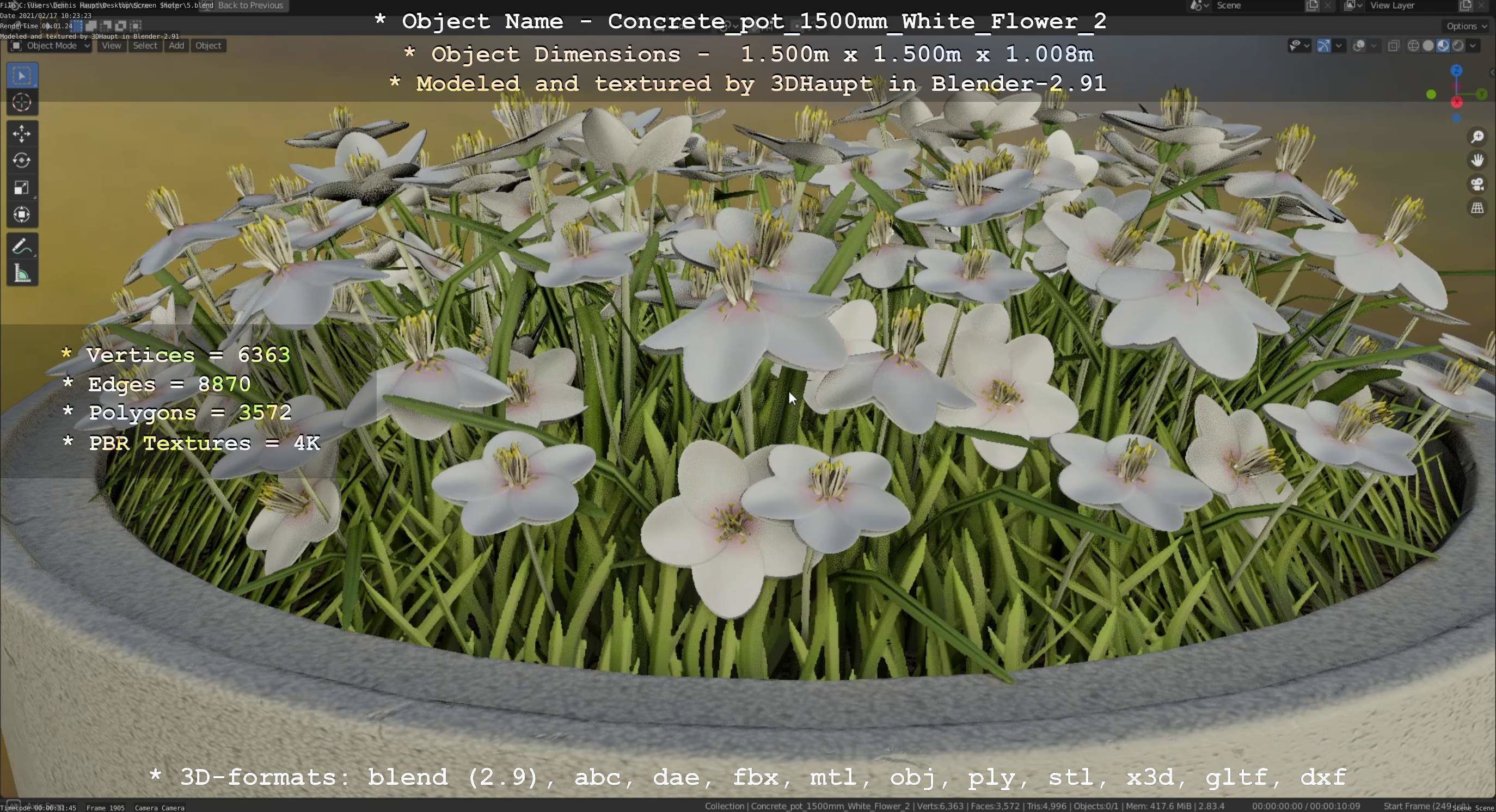 Concrete Pipe Pot 1500mm with White Version 2 Low-poly 3D model_116