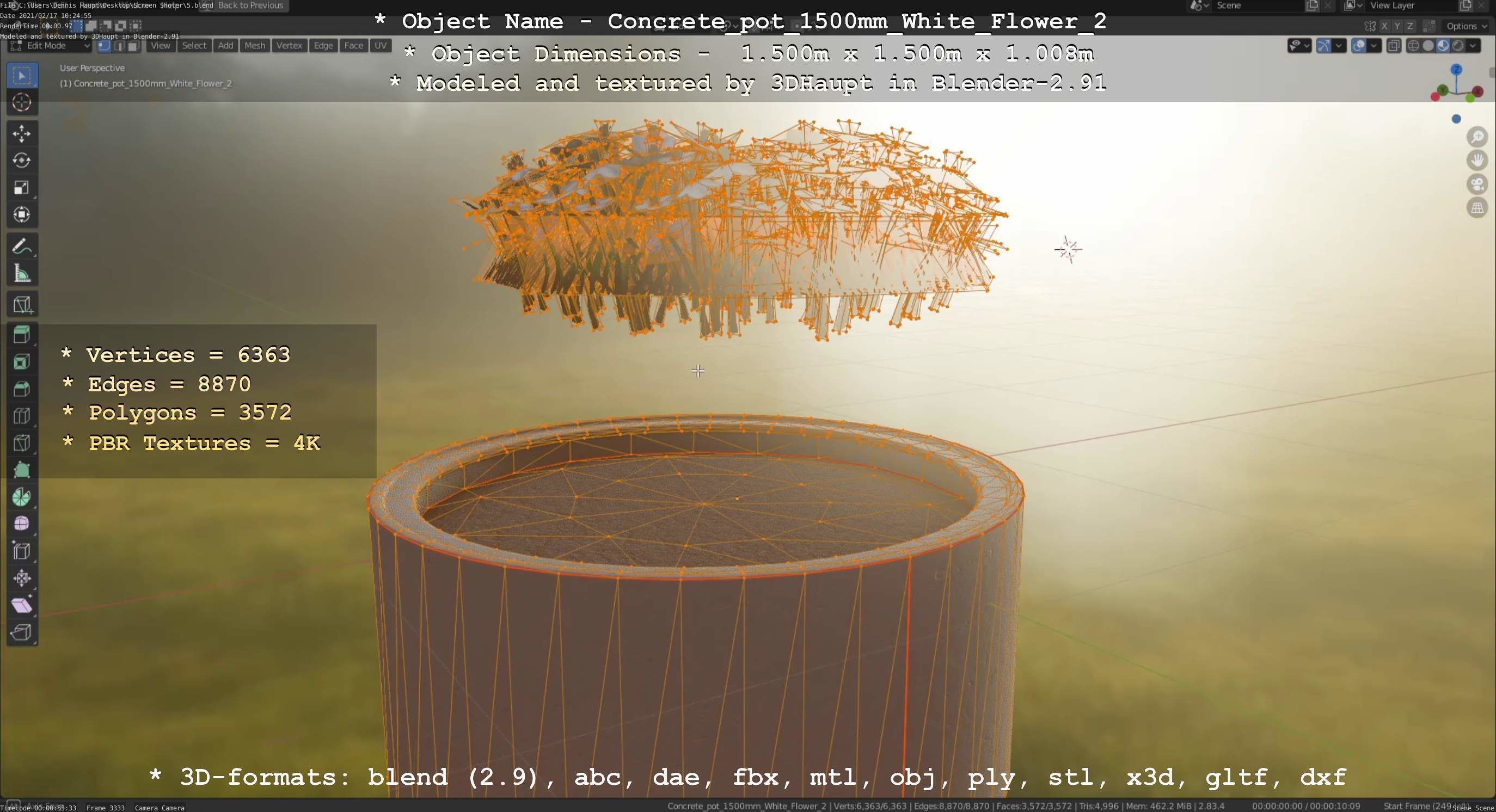 Concrete Pipe Pot 1500mm with White Version 2 Low-poly 3D model_20