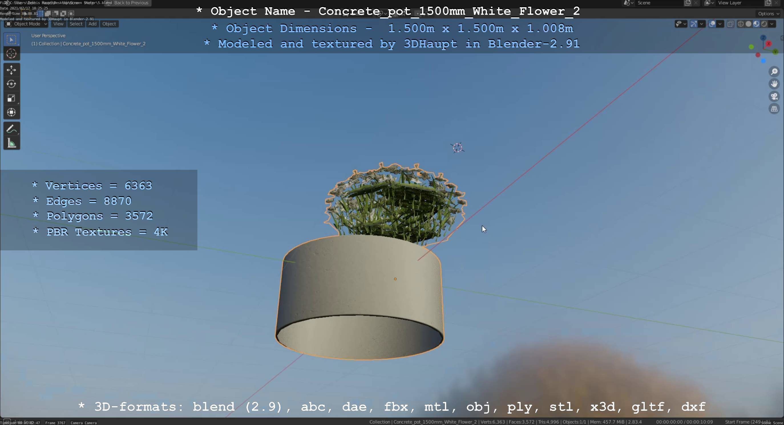 Concrete Pipe Pot 1500mm with White Version 2 Low-poly 3D model_71