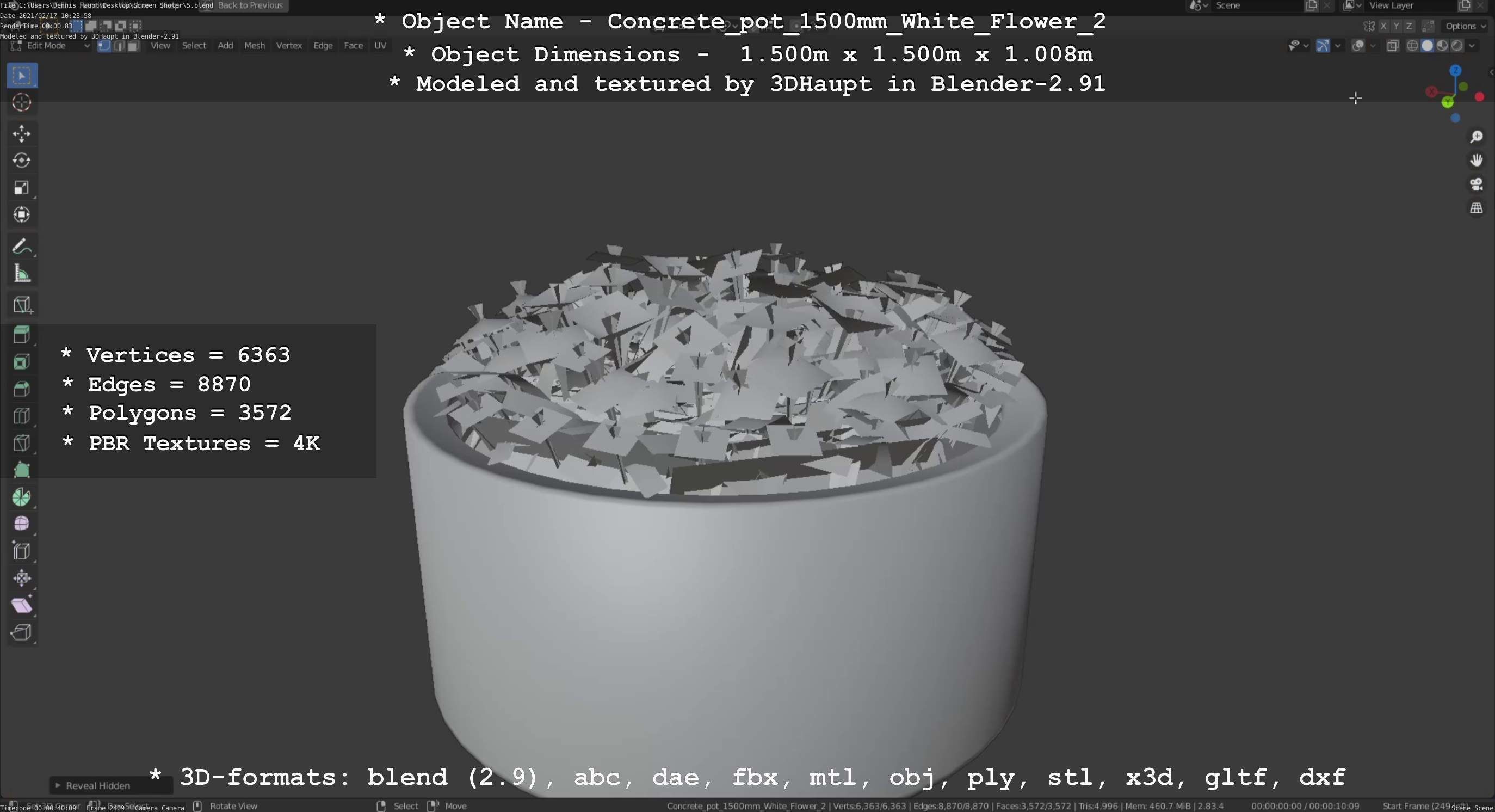 Concrete Pipe Pot 1500mm with White Version 2 Low-poly 3D model_100