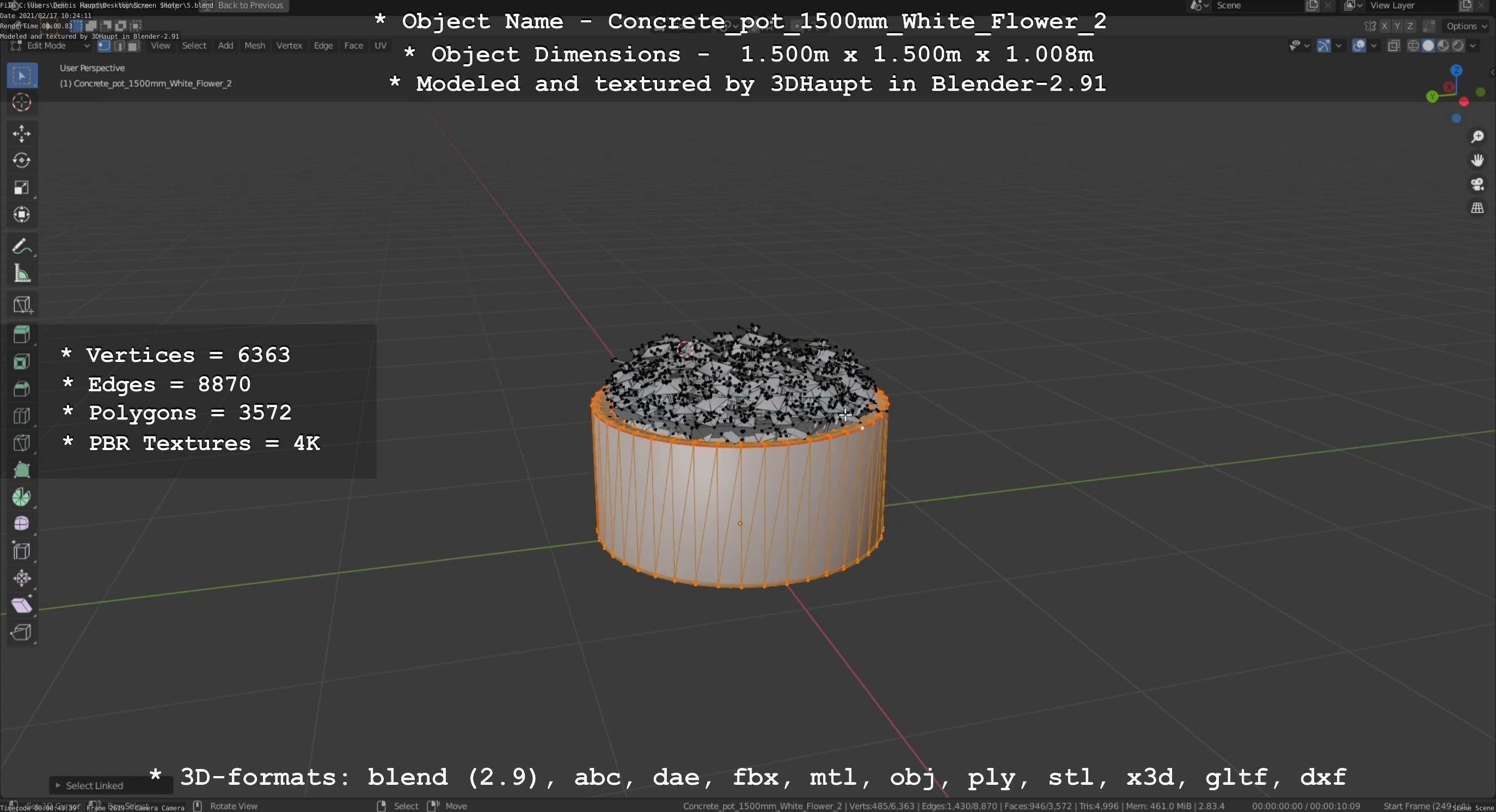 Concrete Pipe Pot 1500mm with White Version 2 Low-poly 3D model_49