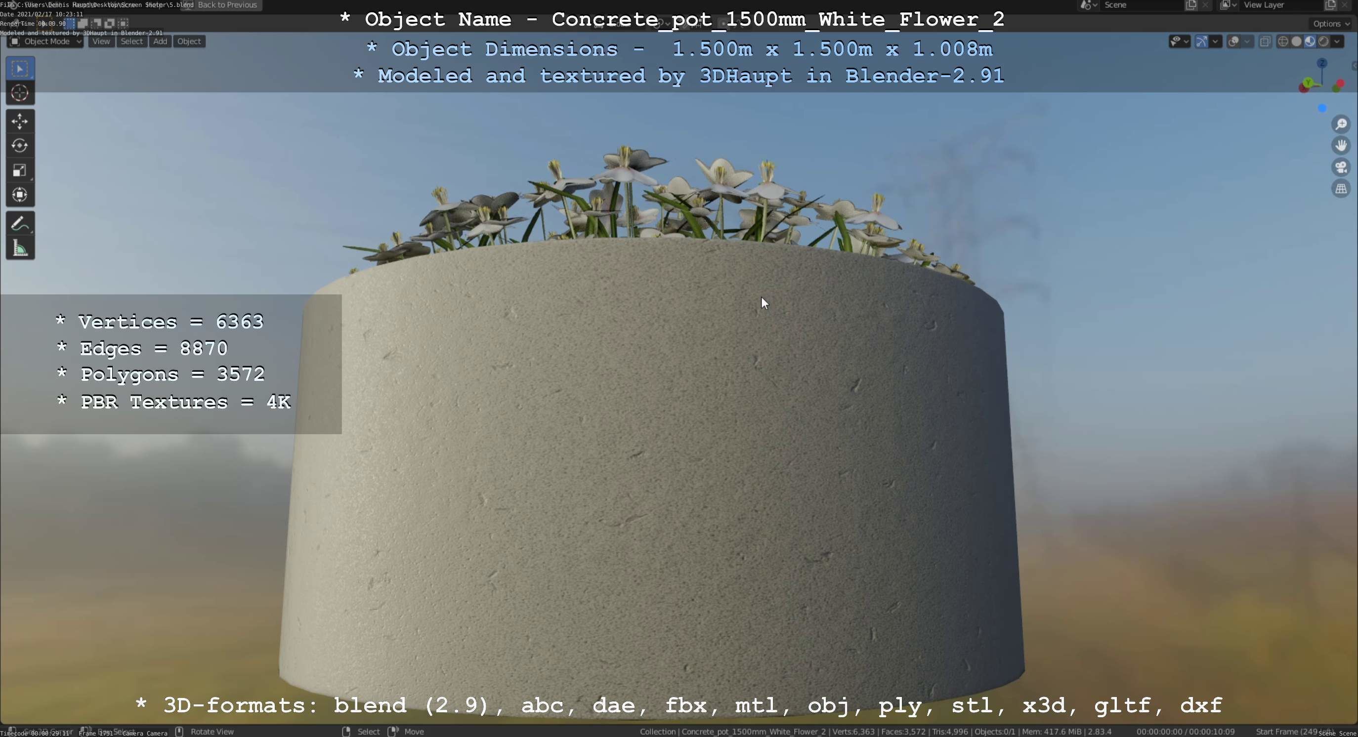 Concrete Pipe Pot 1500mm with White Version 2 Low-poly 3D model_113