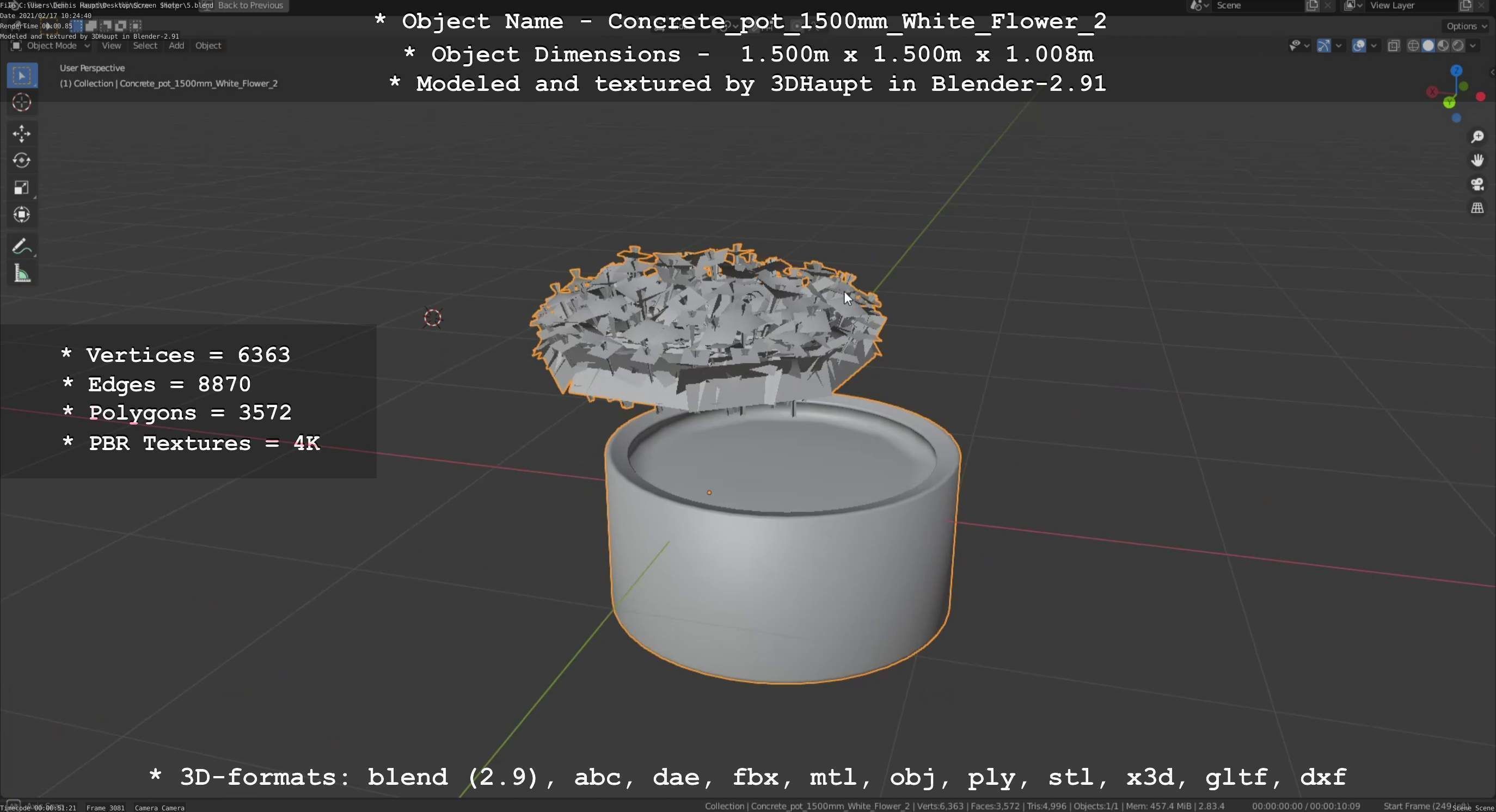 Concrete Pipe Pot 1500mm with White Version 2 Low-poly 3D model_59
