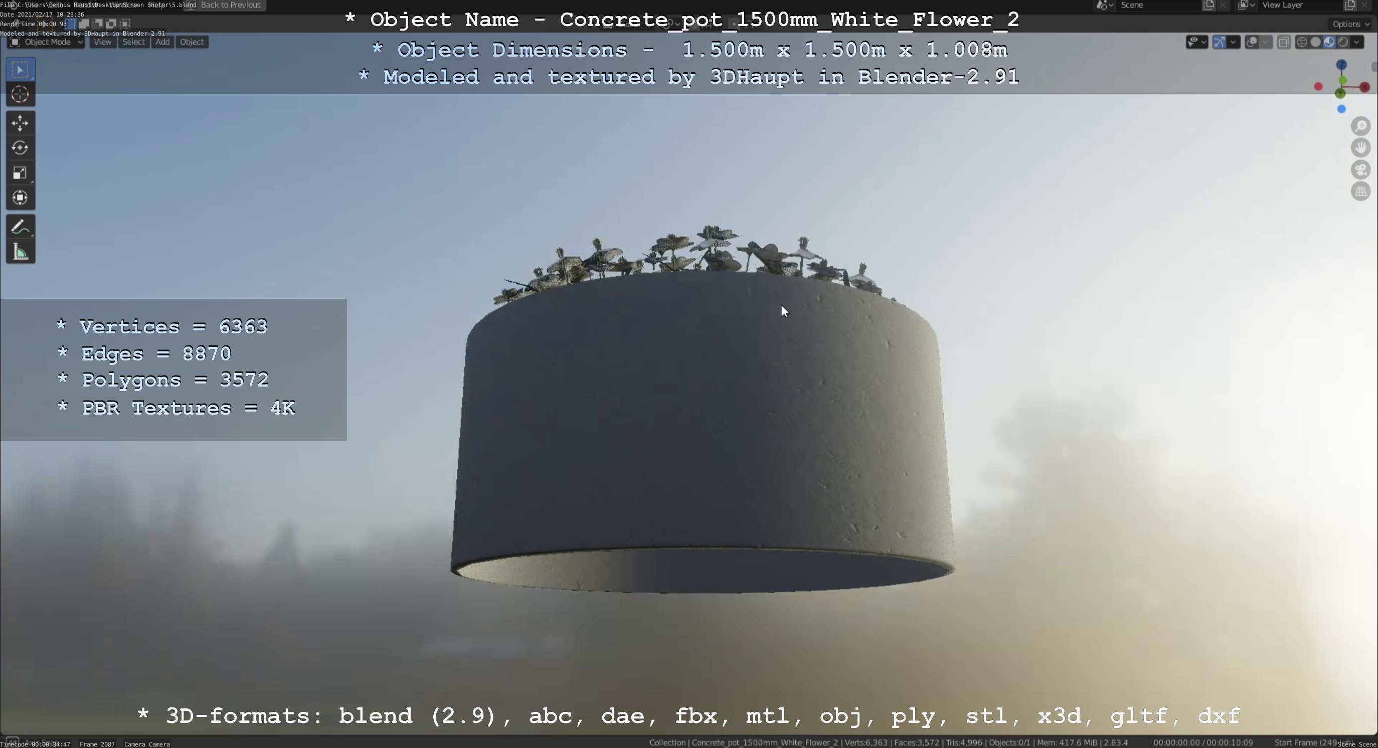 Concrete Pipe Pot 1500mm with White Version 2 Low-poly 3D model_123
