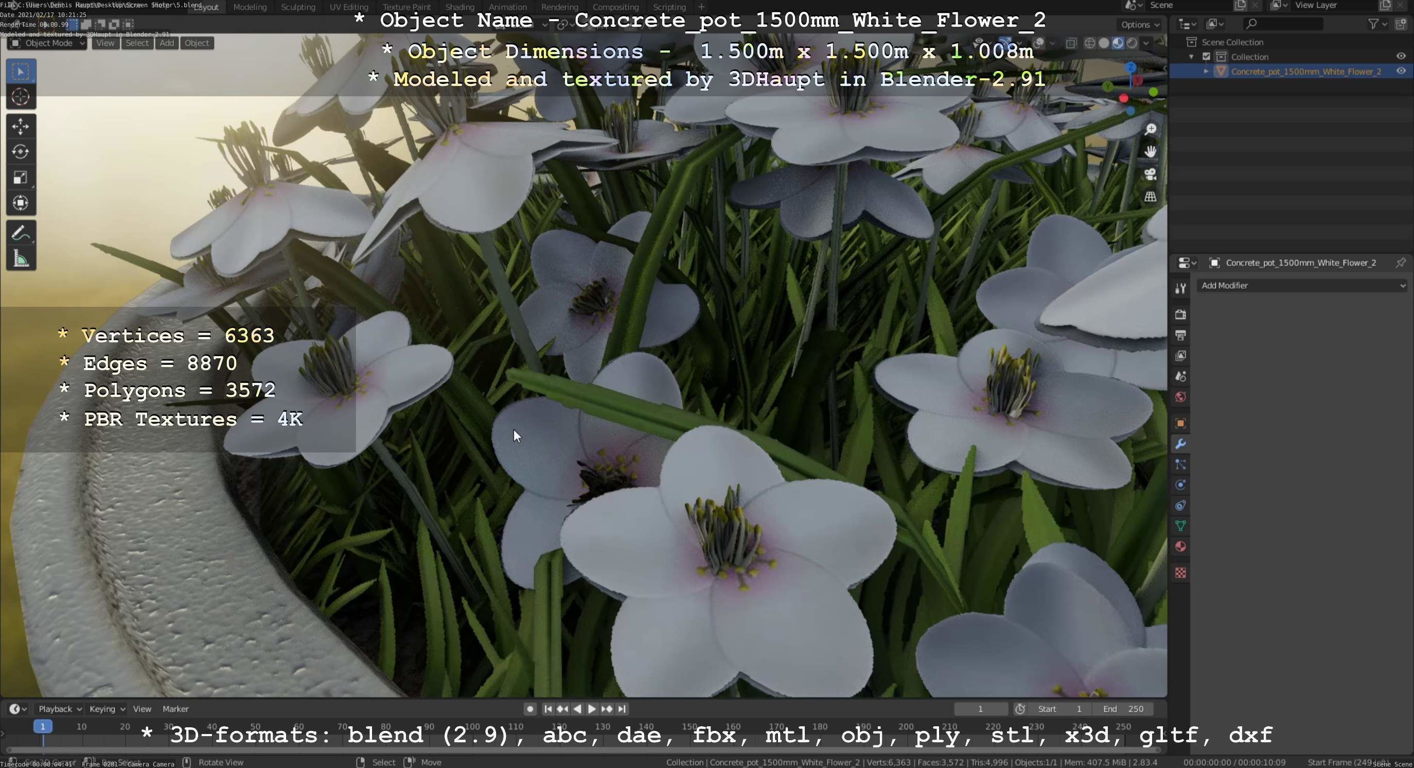 Concrete Pipe Pot 1500mm with White Version 2 Low-poly 3D model_37