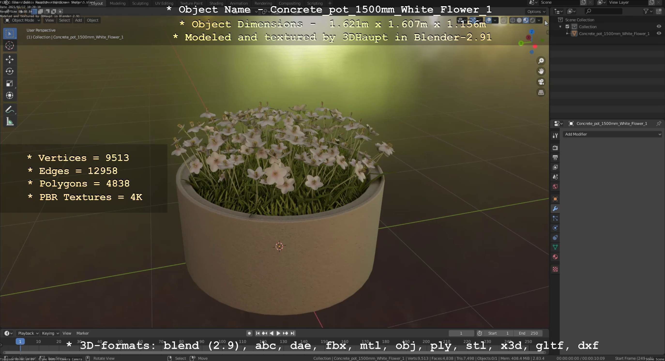 Concrete Pipe Pot 1500mm with White Version 1 Low-poly 3D model_24