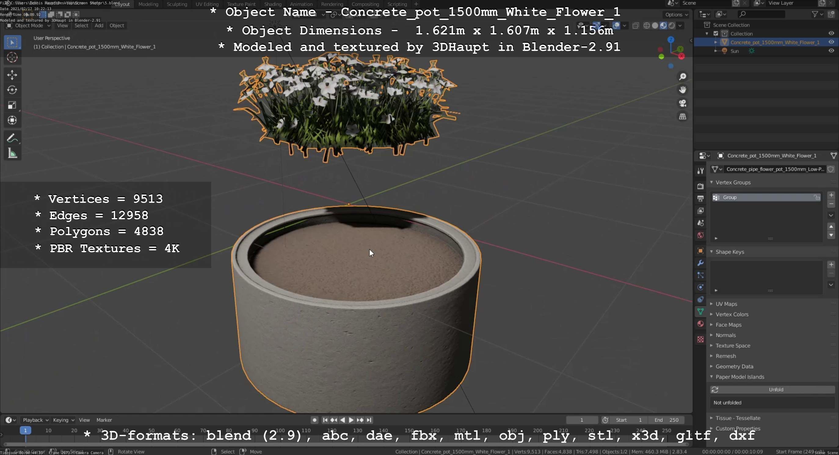 Concrete Pipe Pot 1500mm with White Version 1 Low-poly 3D model_21