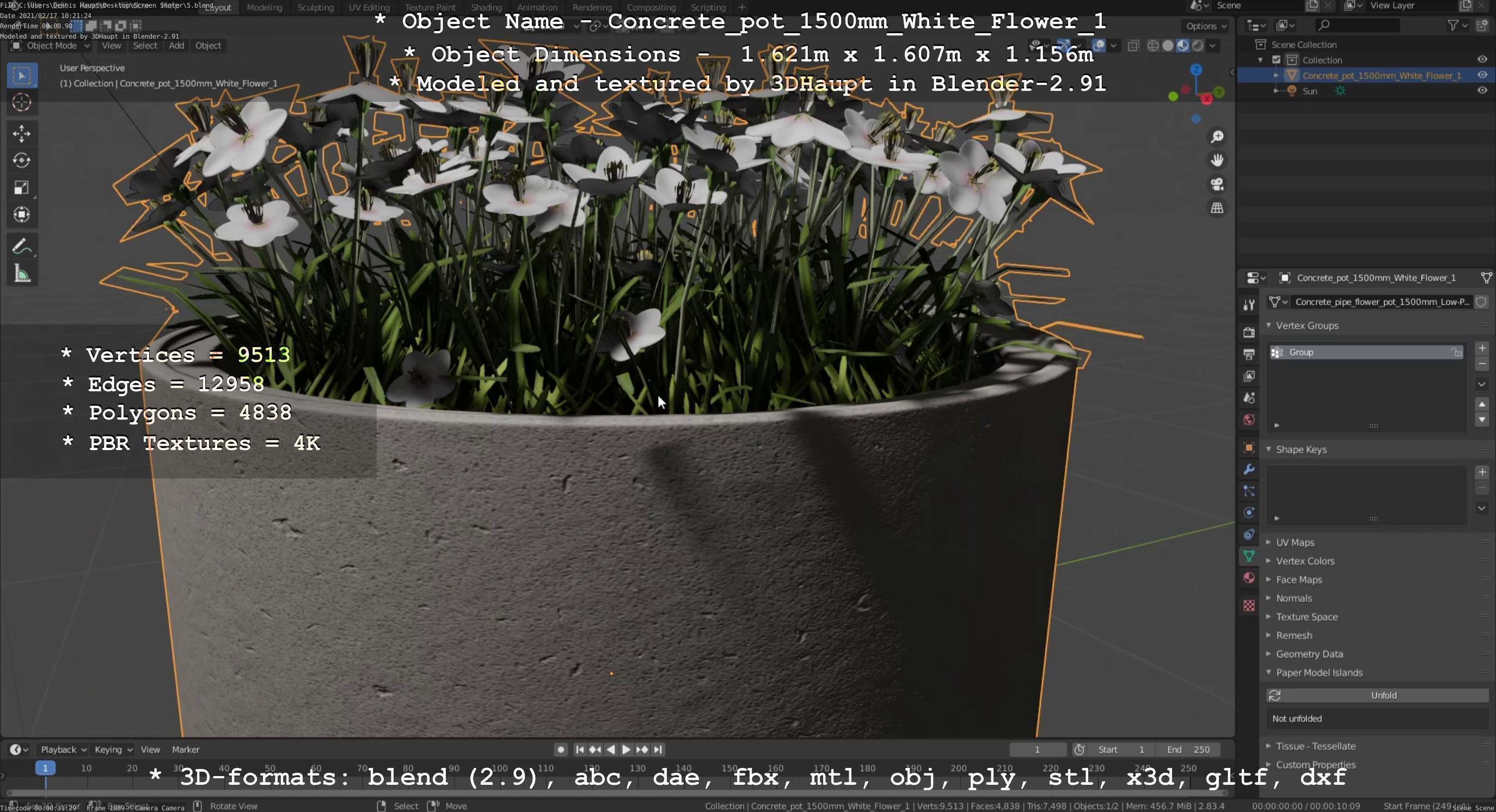 Concrete Pipe Pot 1500mm with White Version 1 Low-poly 3D model_5