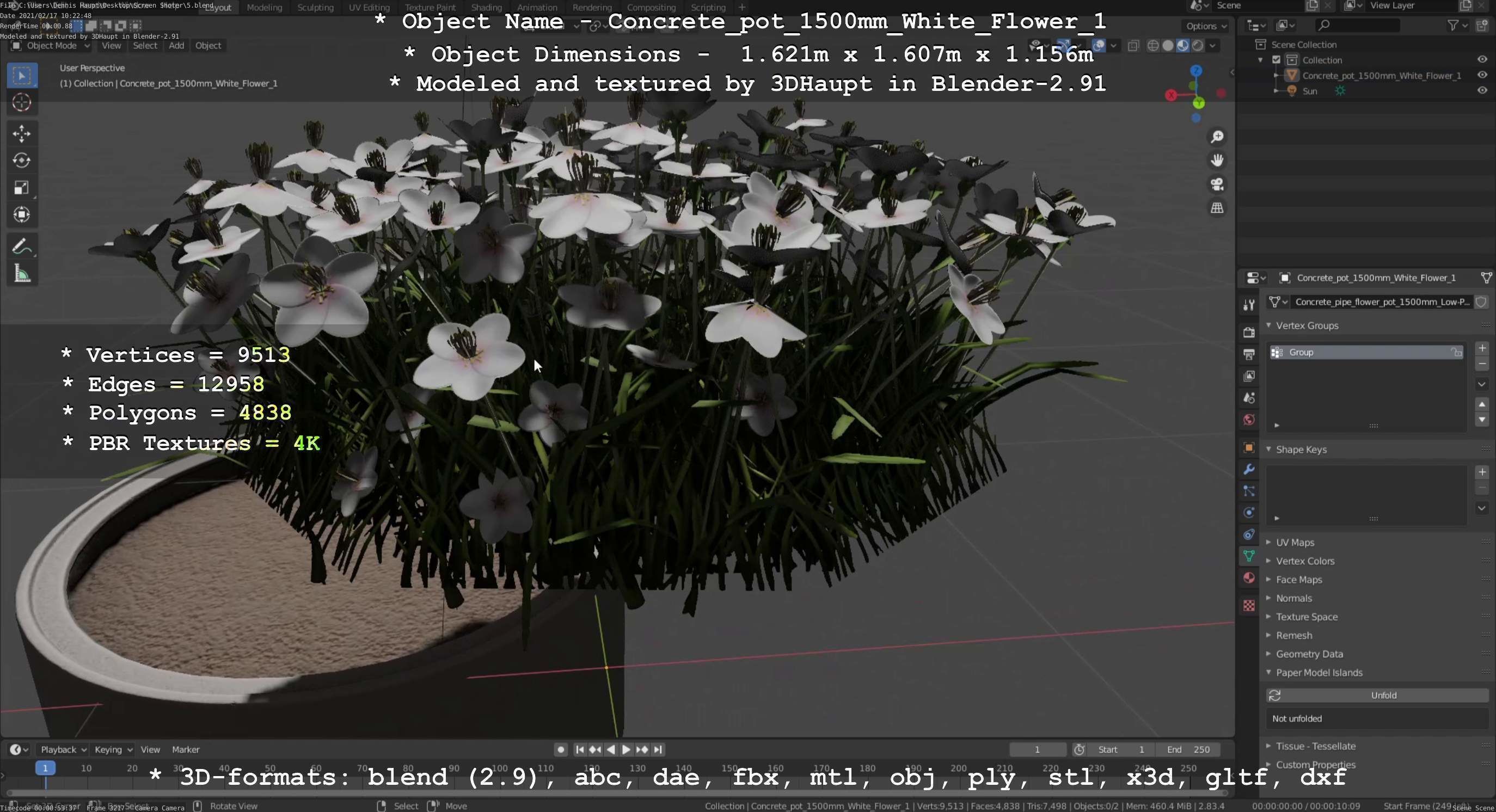 Concrete Pipe Pot 1500mm with White Version 1 Low-poly 3D model_28