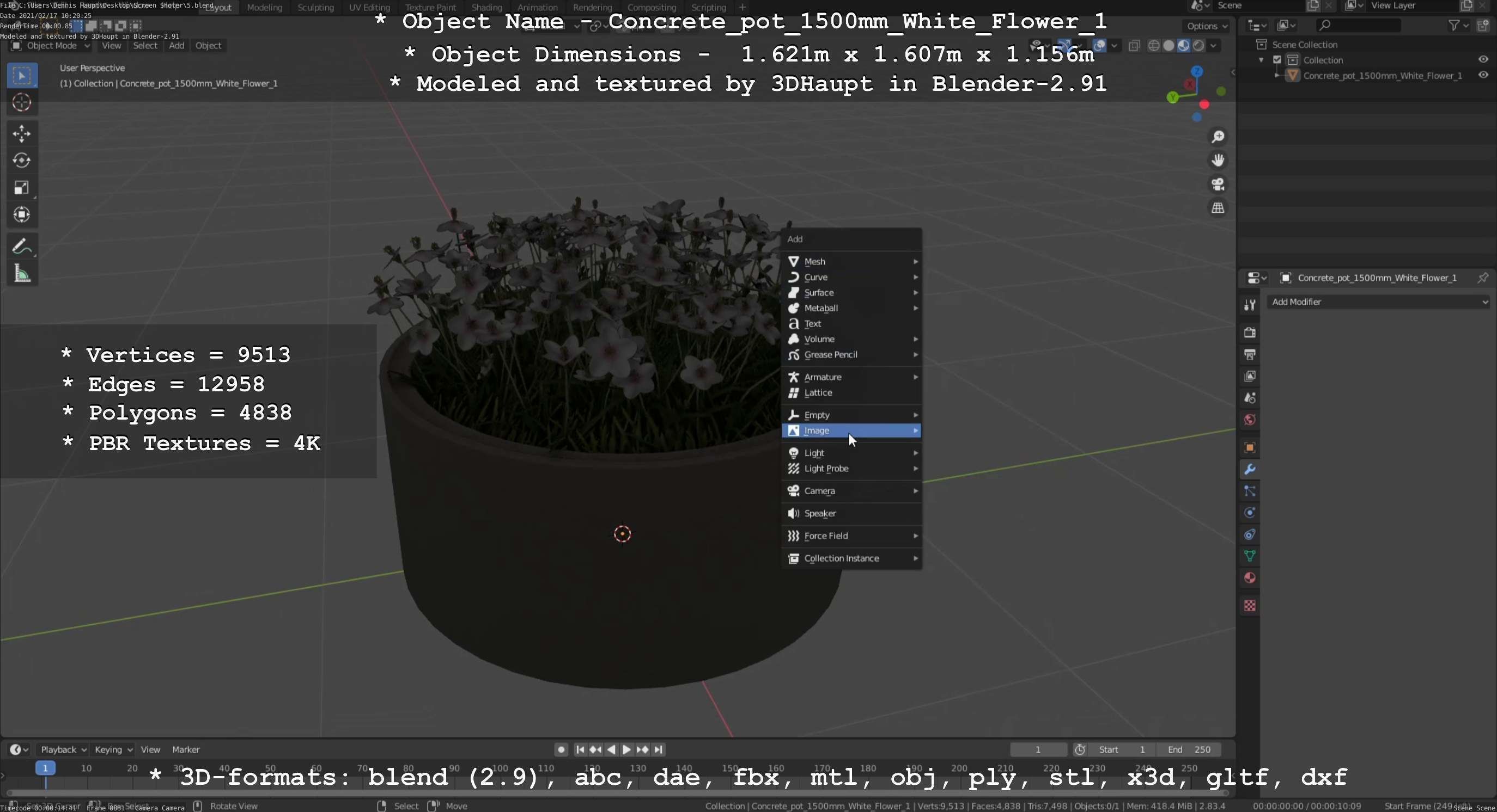 Concrete Pipe Pot 1500mm with White Version 1 Low-poly 3D model_90
