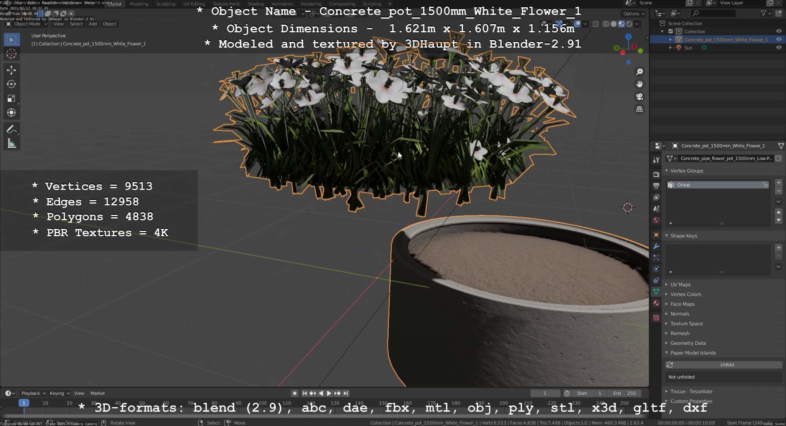 Concrete Pipe Pot 1500mm with White Version 1 Low-poly 3D model_144