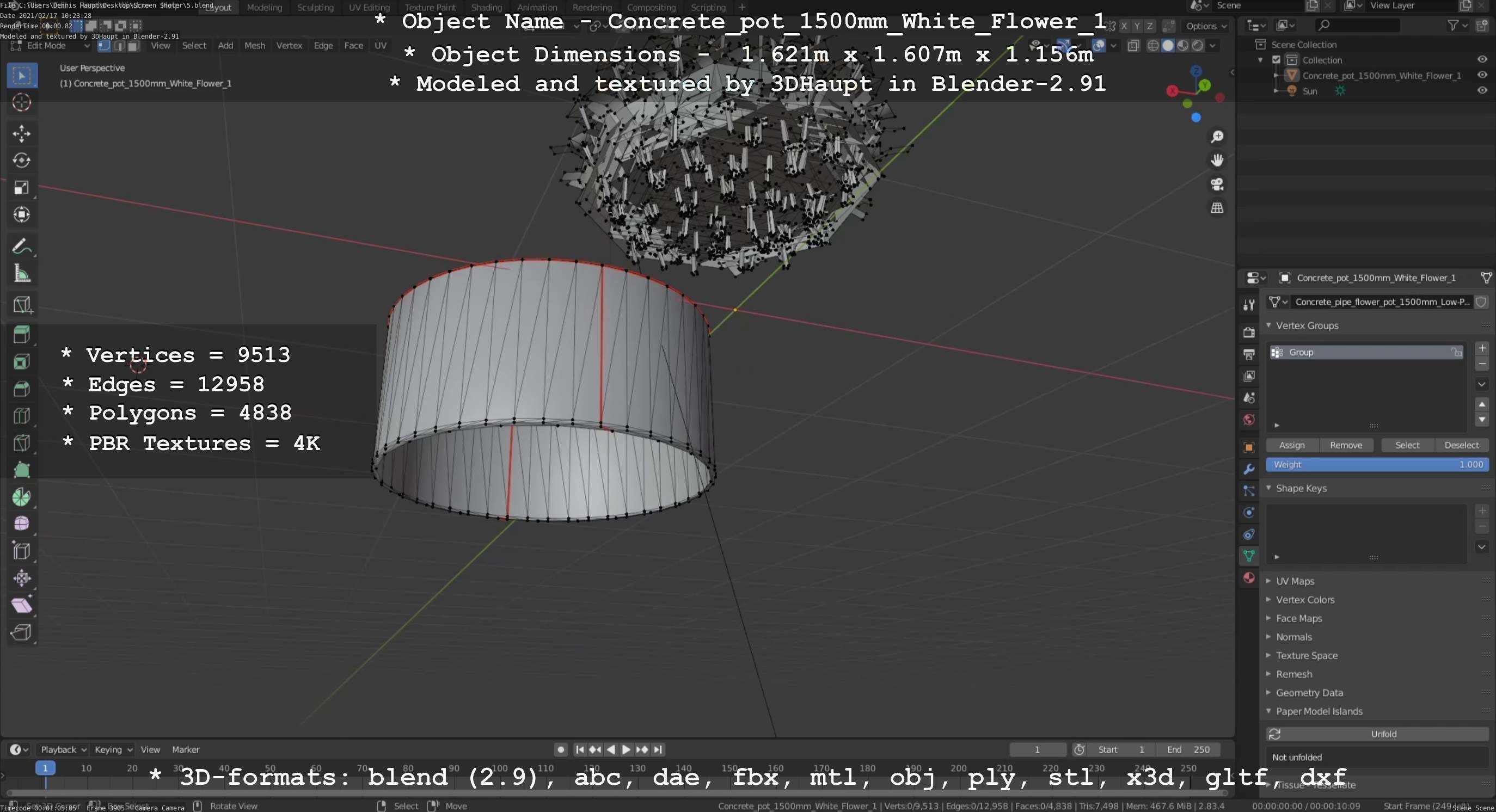 Concrete Pipe Pot 1500mm with White Version 1 Low-poly 3D model_57