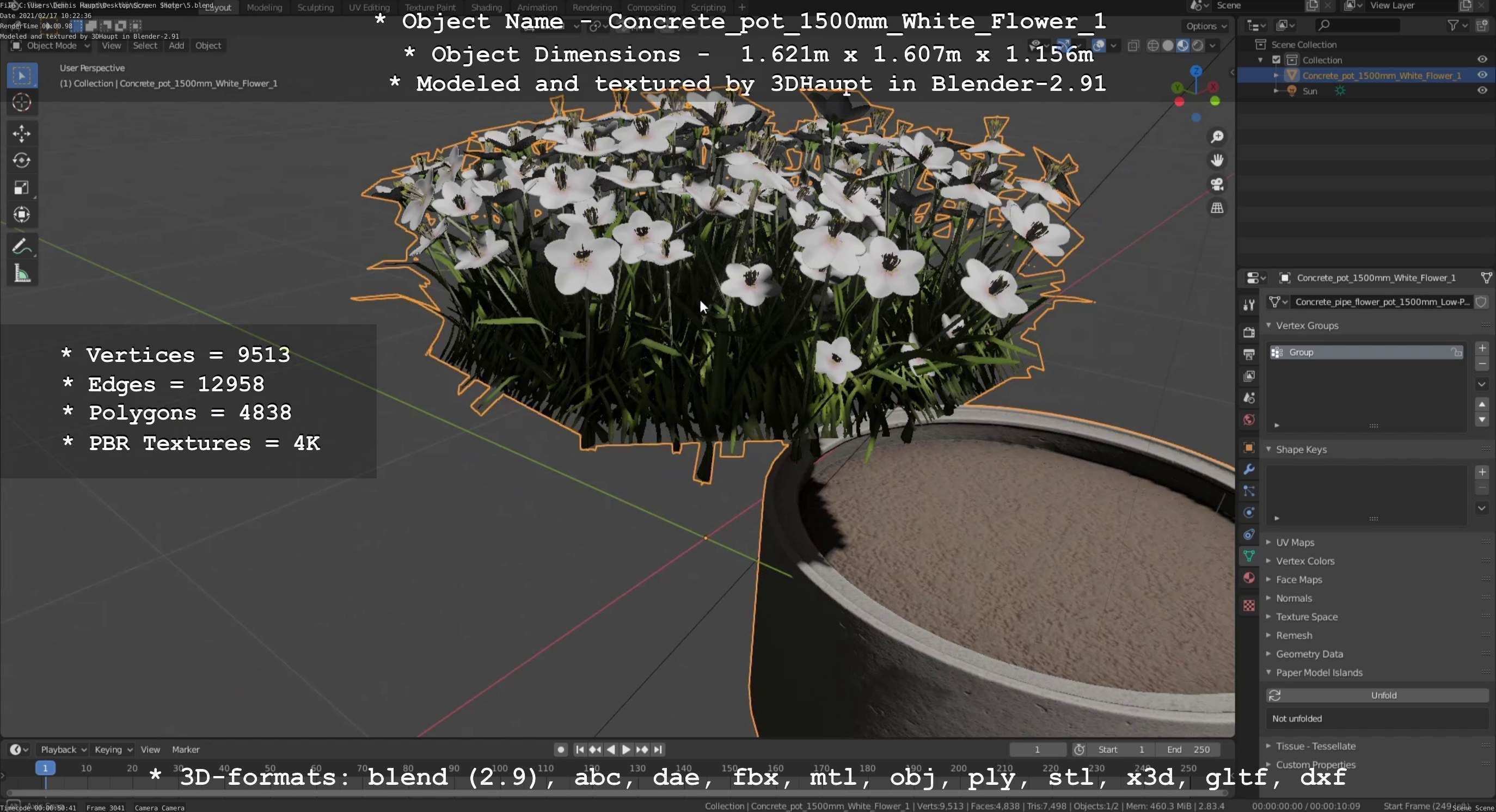 Concrete Pipe Pot 1500mm with White Version 1 Low-poly 3D model_26