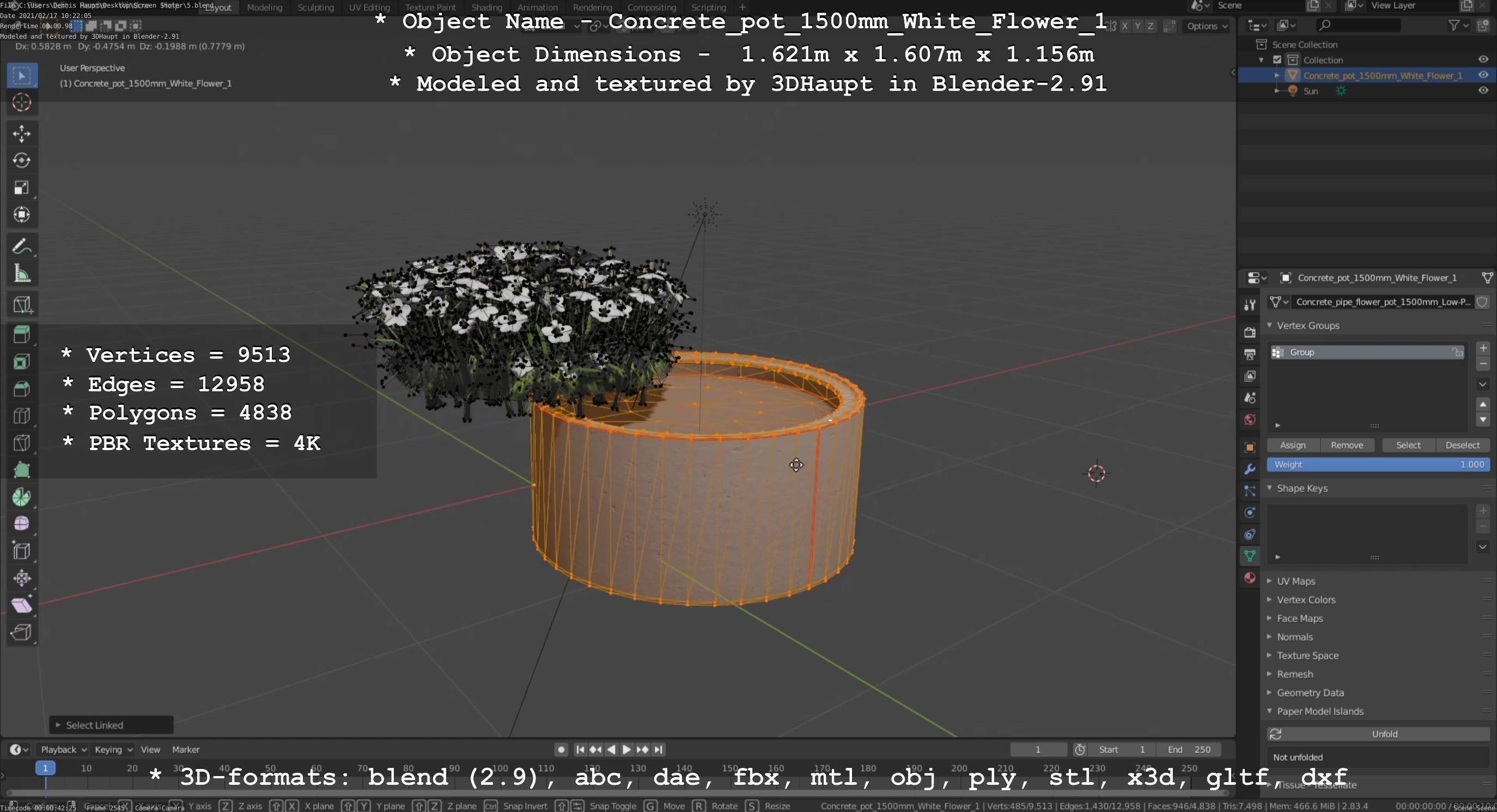 Concrete Pipe Pot 1500mm with White Version 1 Low-poly 3D model_20