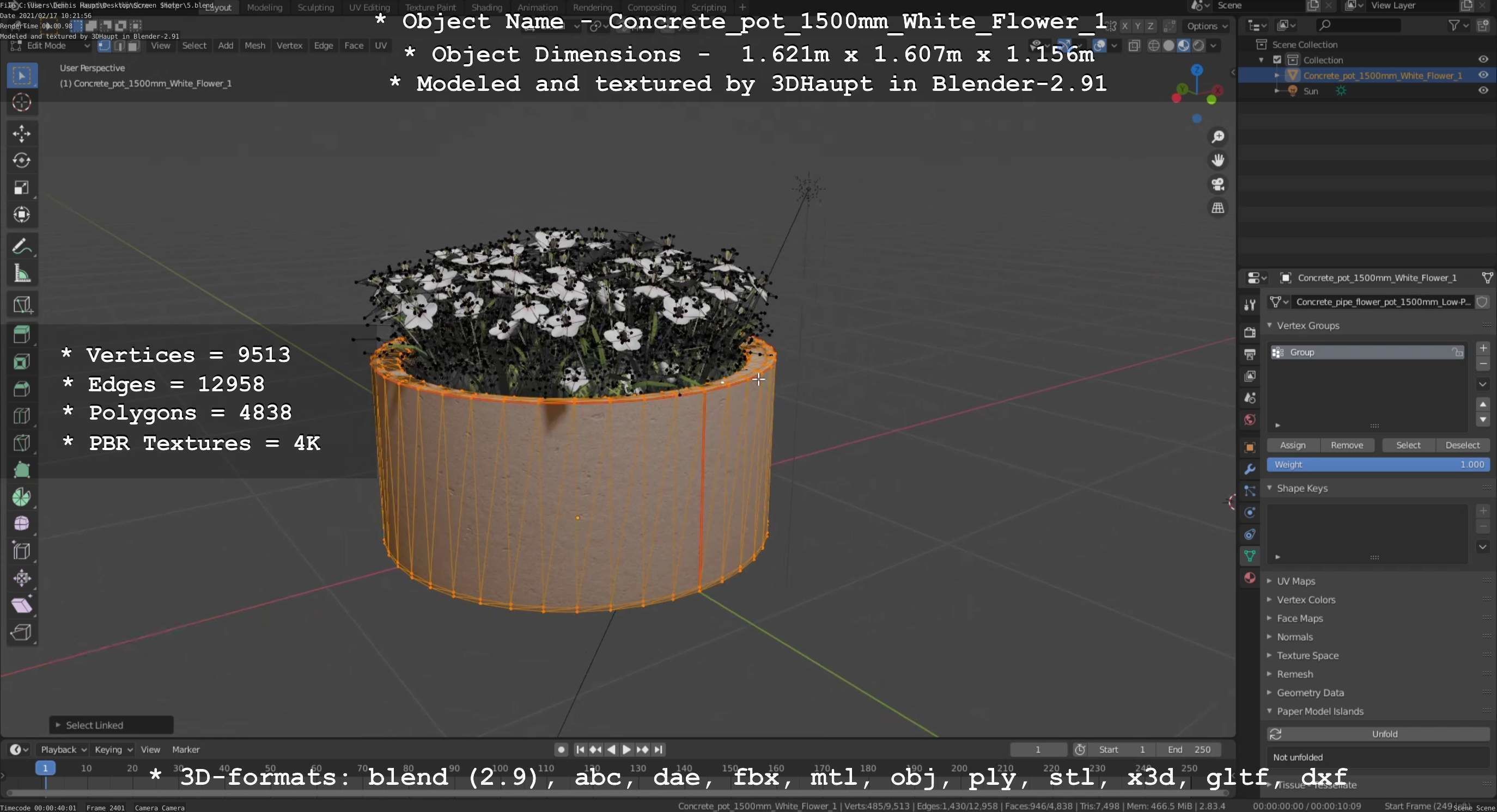 Concrete Pipe Pot 1500mm with White Version 1 Low-poly 3D model_125