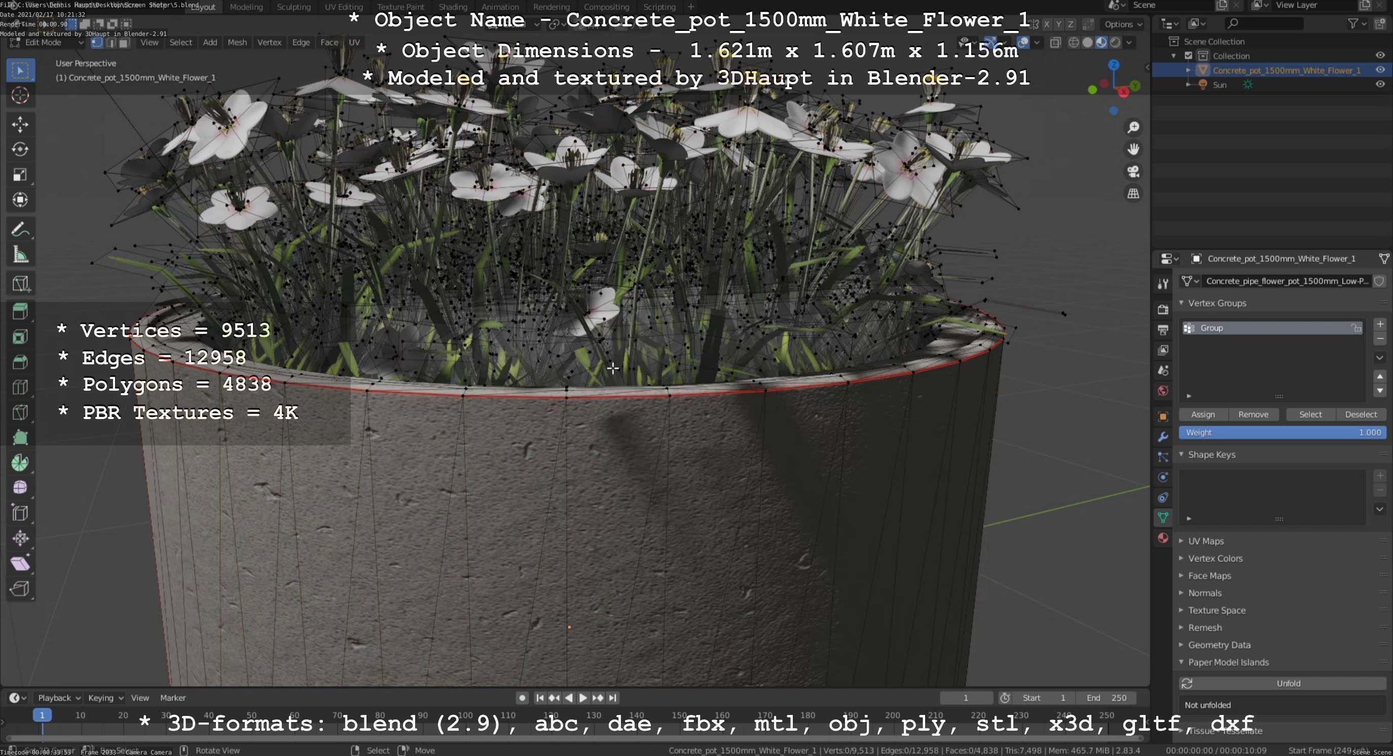 Concrete Pipe Pot 1500mm with White Version 1 Low-poly 3D model_118