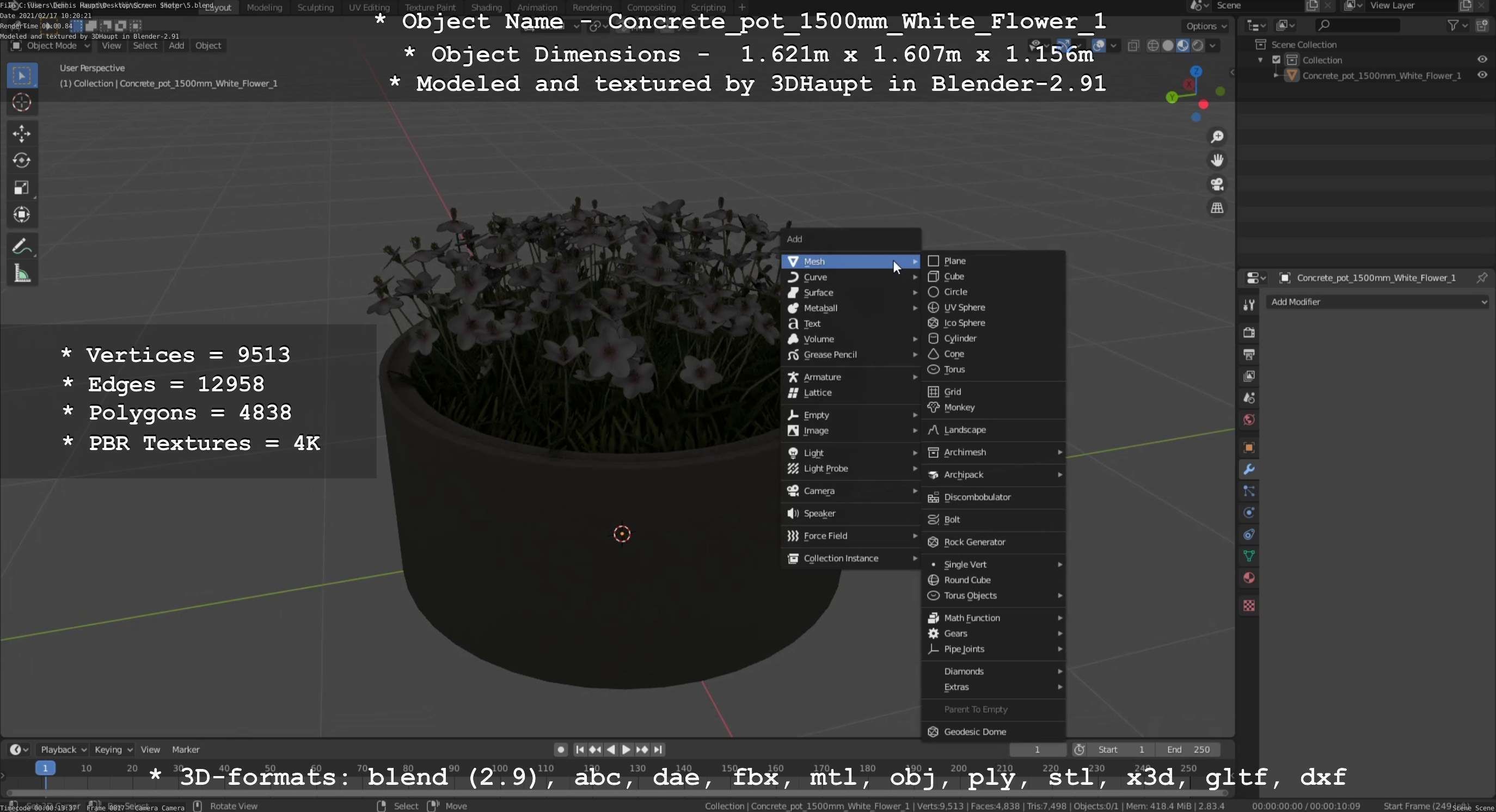 Concrete Pipe Pot 1500mm with White Version 1 Low-poly 3D model_46