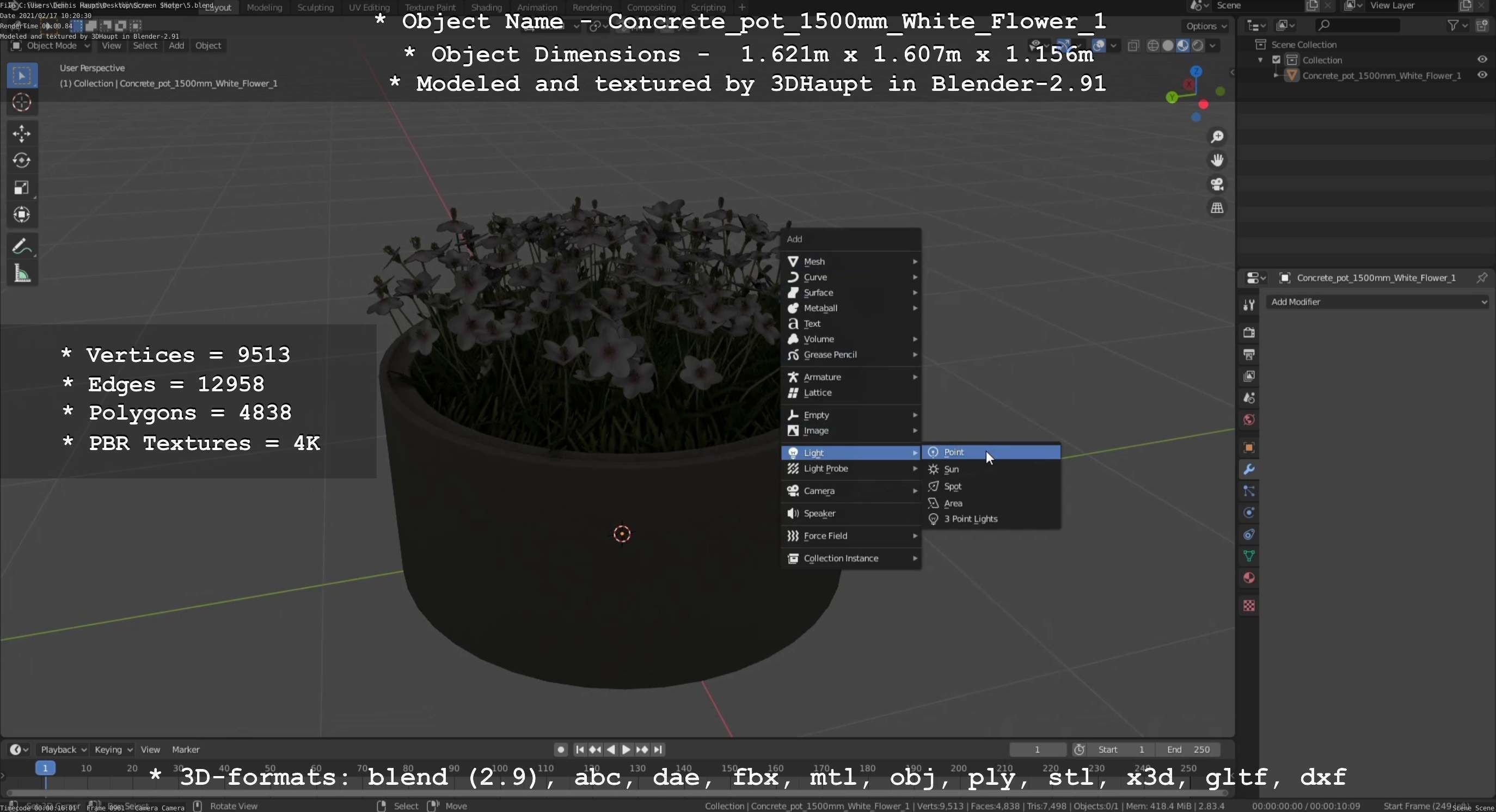 Concrete Pipe Pot 1500mm with White Version 1 Low-poly 3D model_96