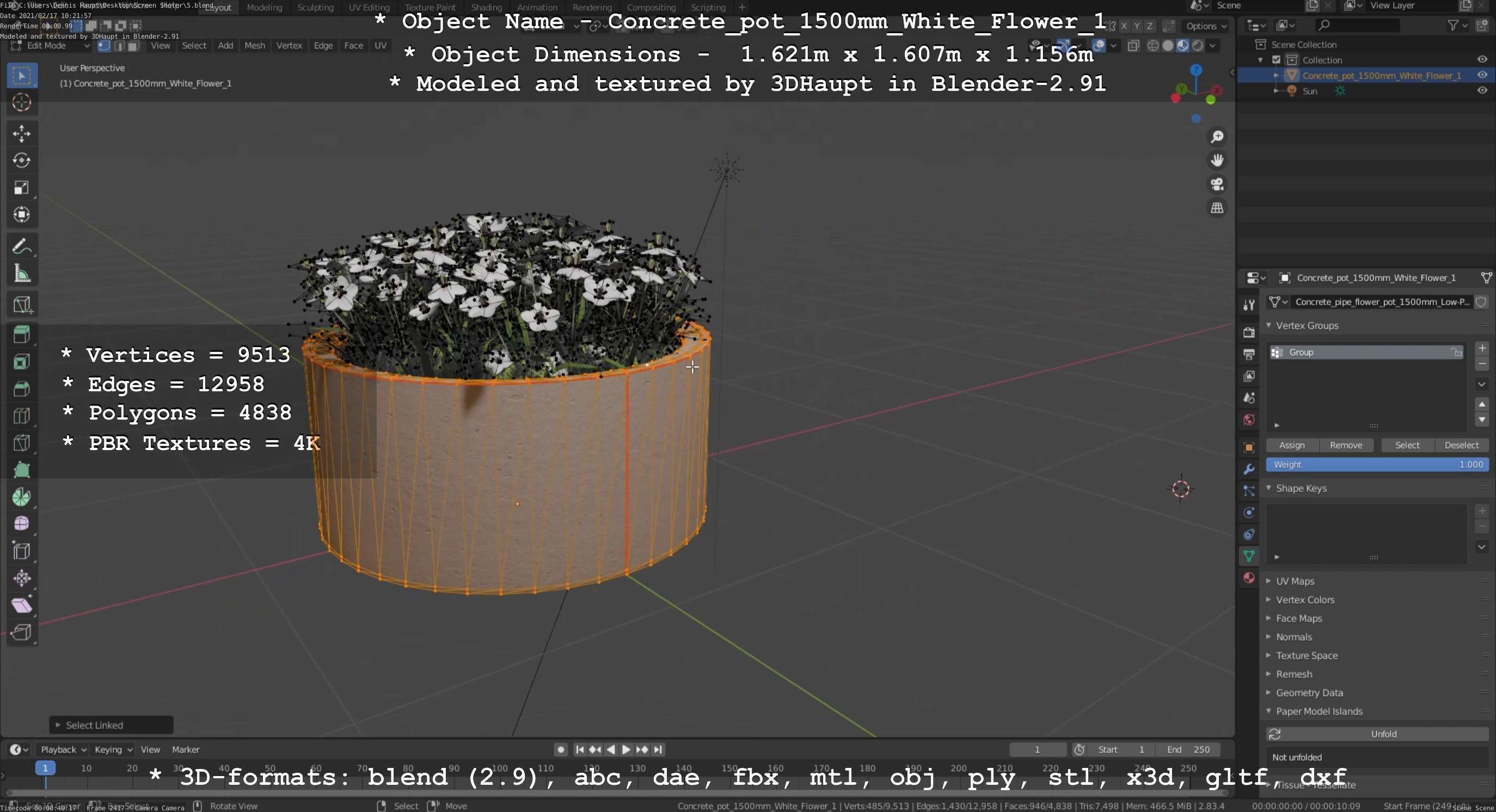 Concrete Pipe Pot 1500mm with White Version 1 Low-poly 3D model_126