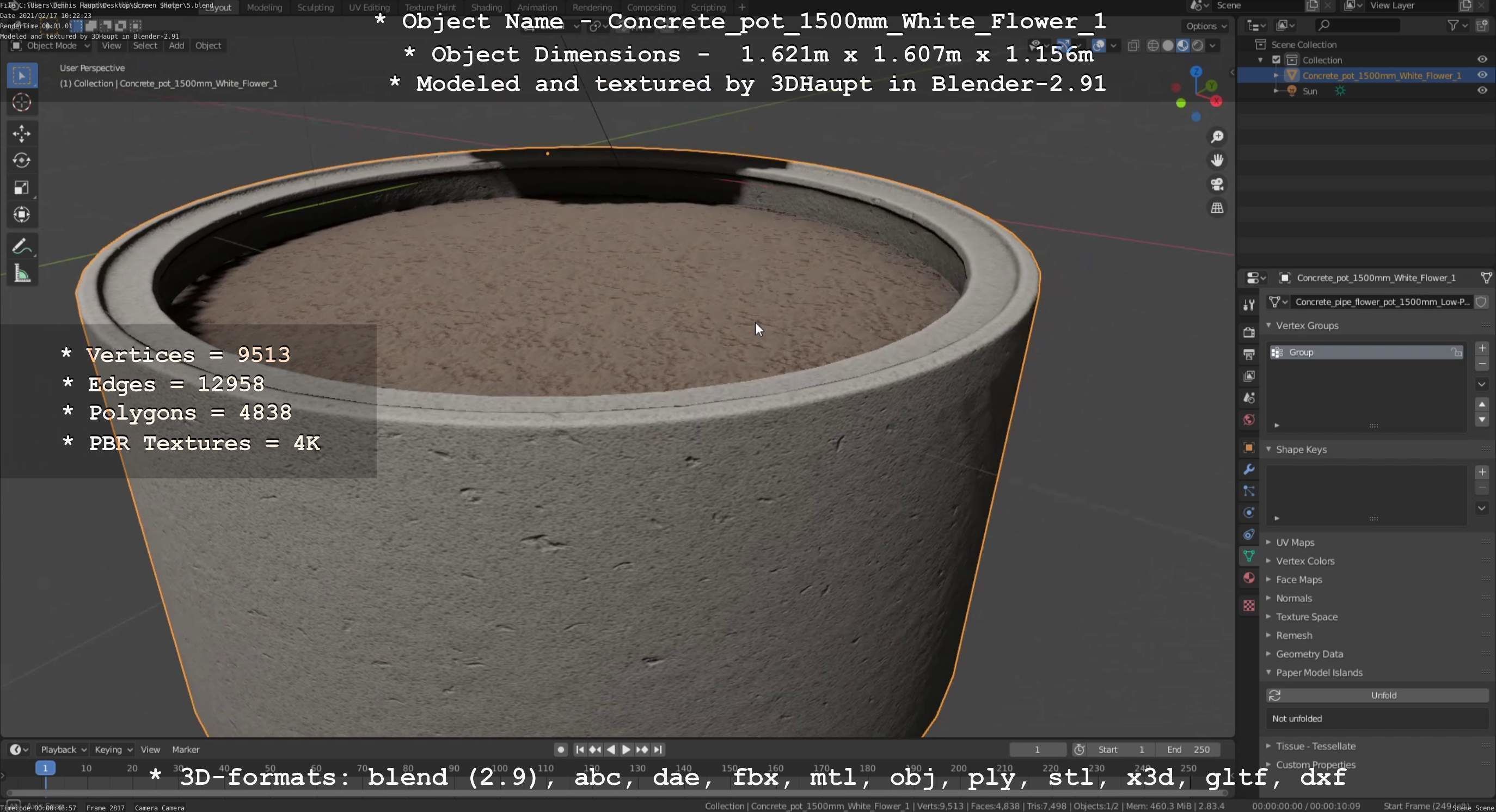 Concrete Pipe Pot 1500mm with White Version 1 Low-poly 3D model_23