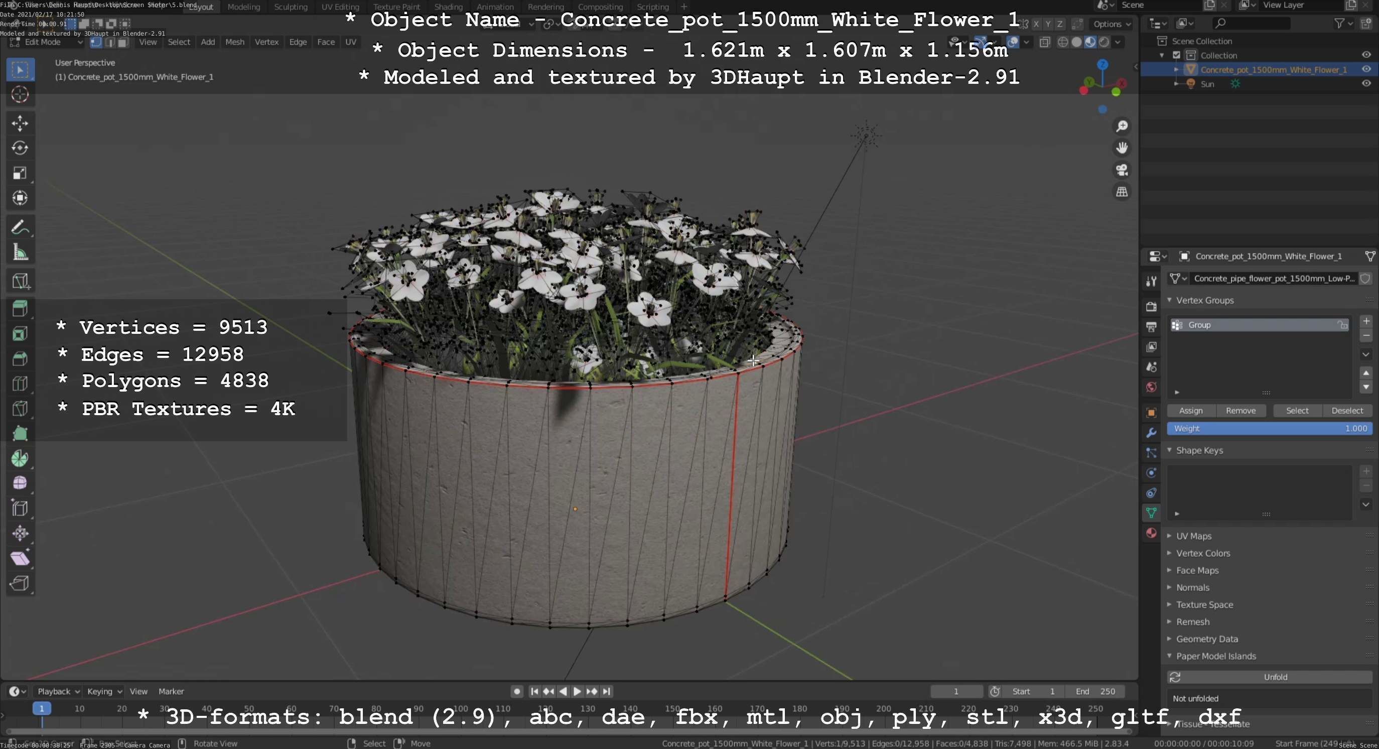 Concrete Pipe Pot 1500mm with White Version 1 Low-poly 3D model_120