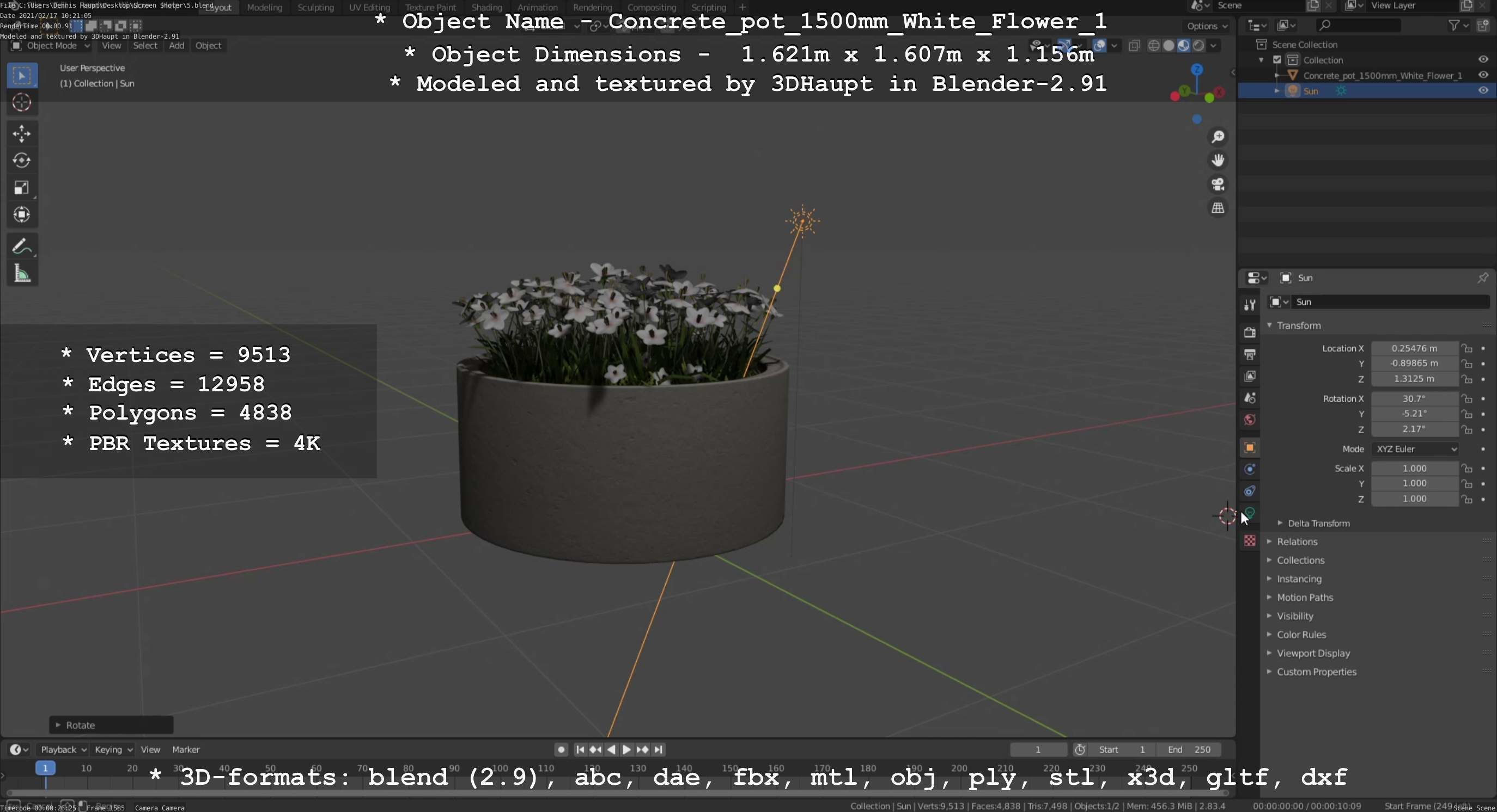 Concrete Pipe Pot 1500mm with White Version 1 Low-poly 3D model_48