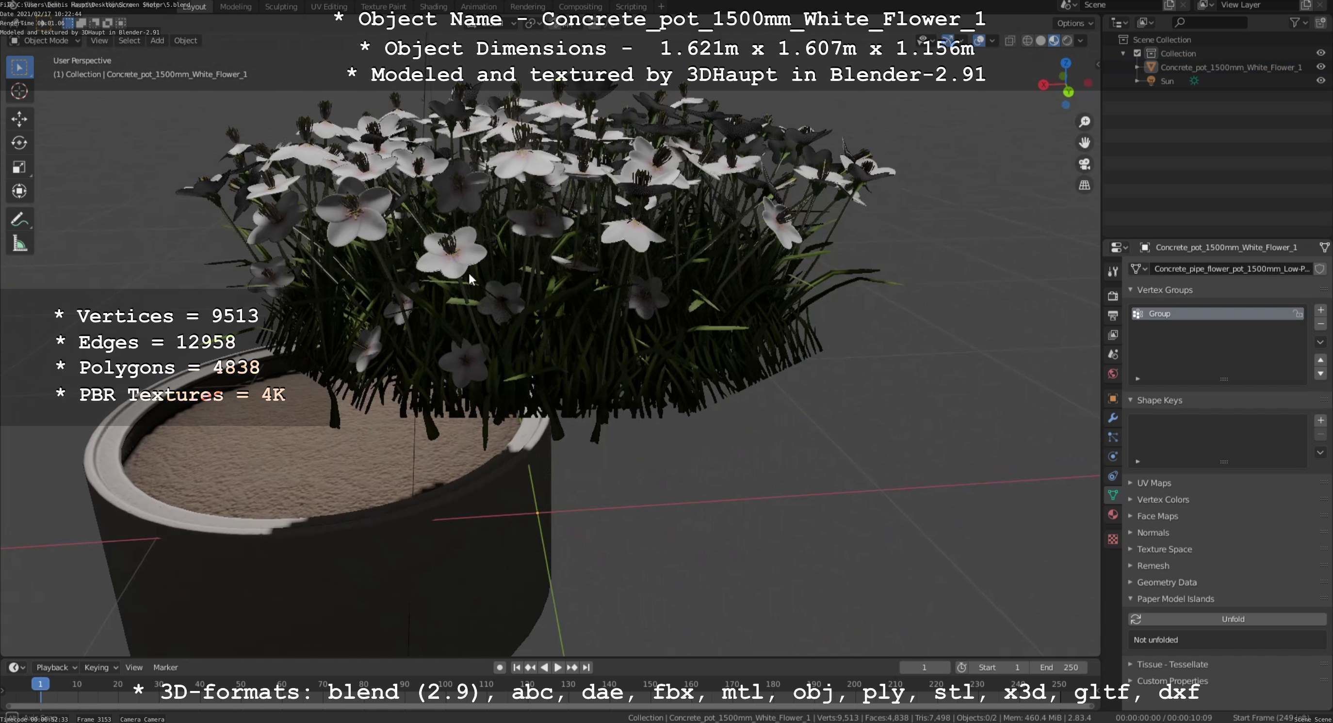 Concrete Pipe Pot 1500mm with White Version 1 Low-poly 3D model_73