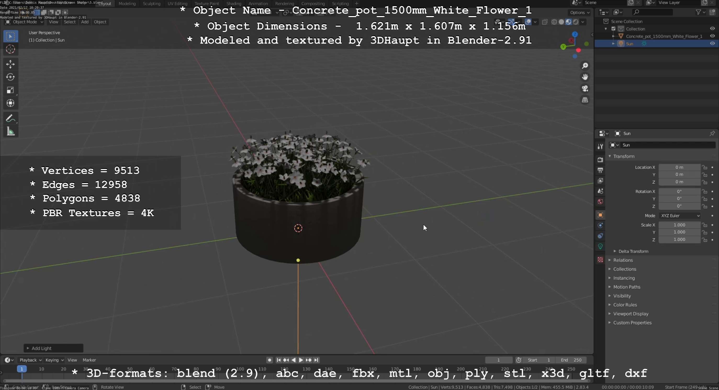 Concrete Pipe Pot 1500mm with White Version 1 Low-poly 3D model_97