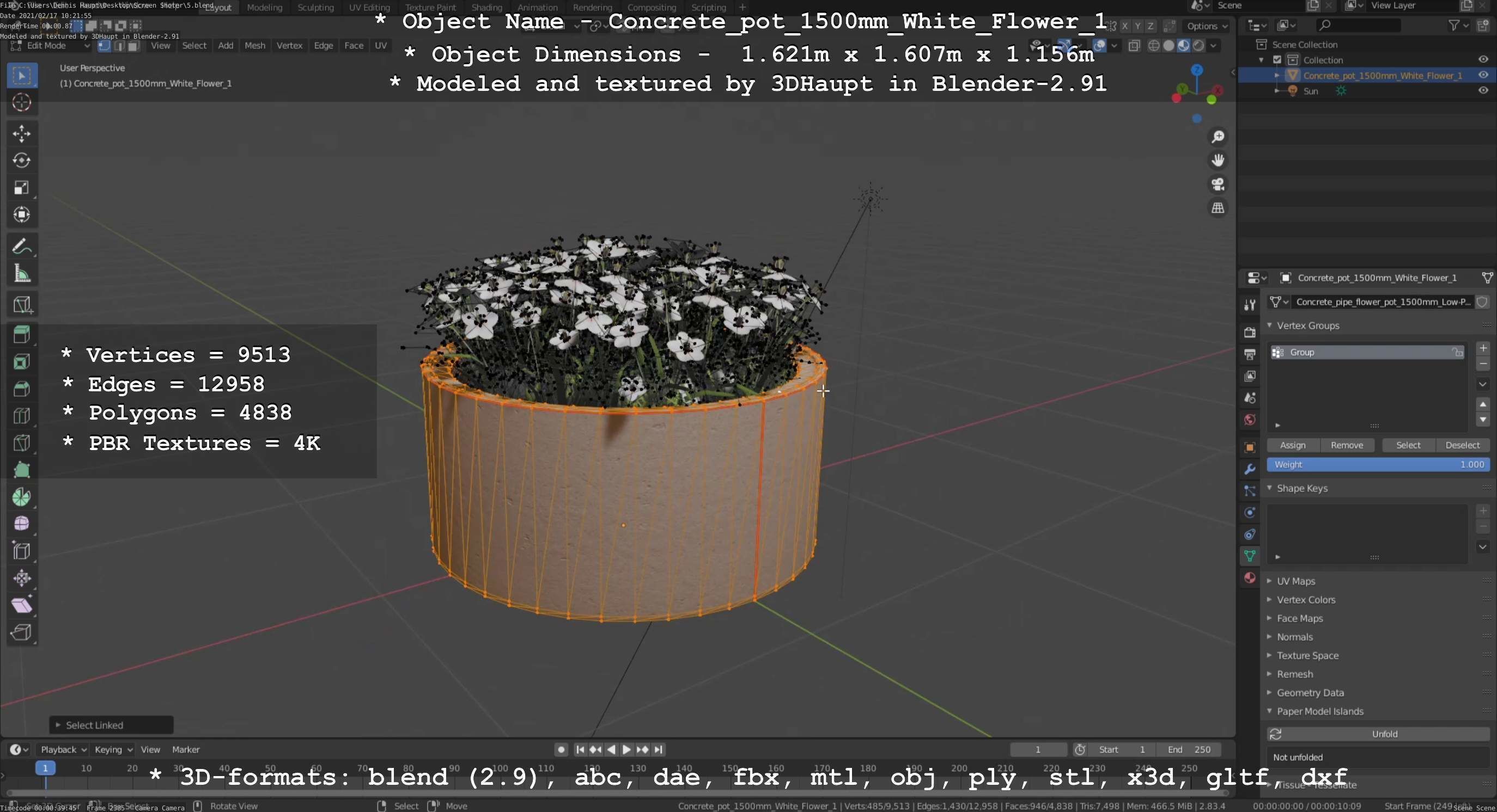 Concrete Pipe Pot 1500mm with White Version 1 Low-poly 3D model_18