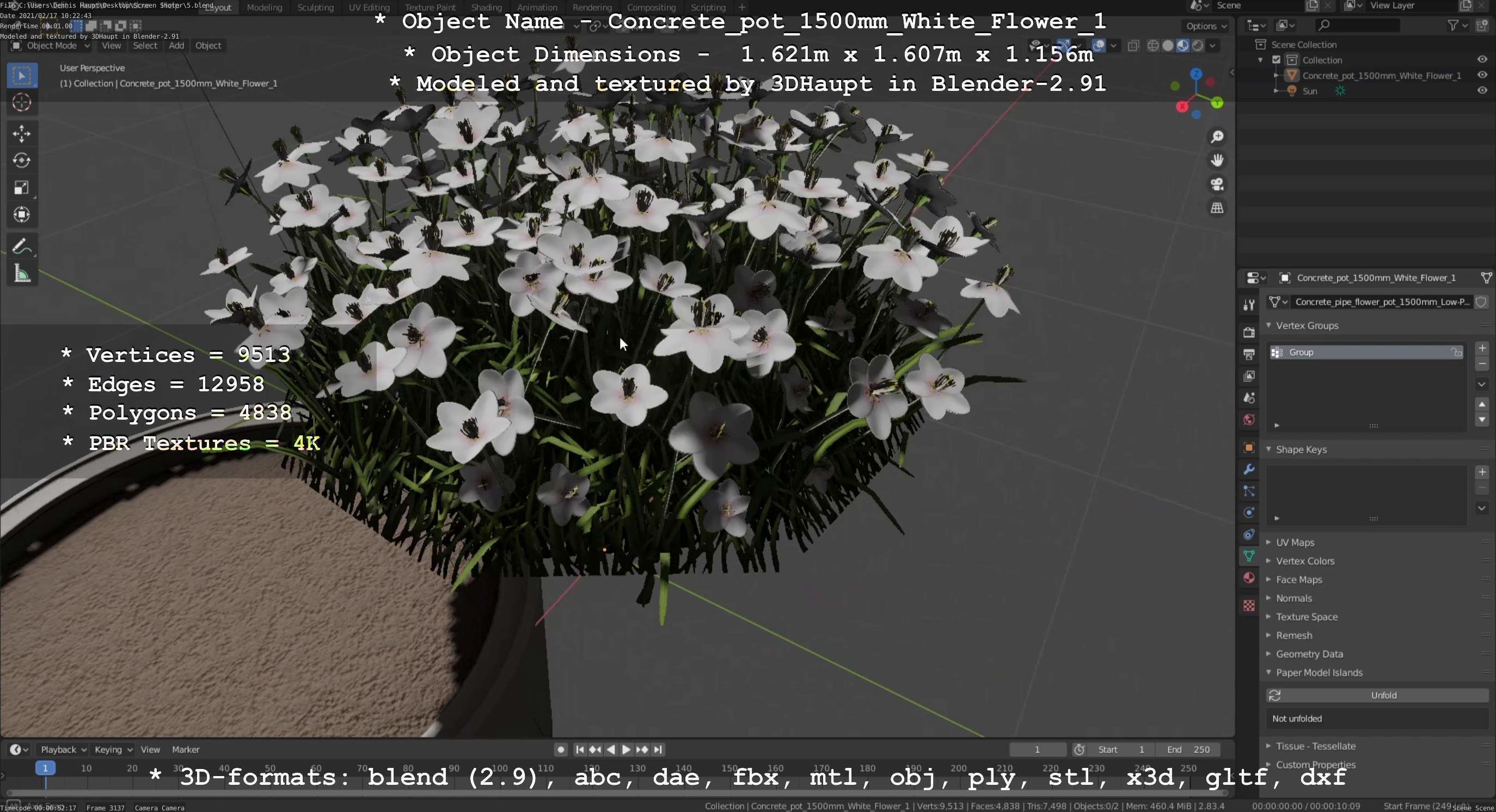Concrete Pipe Pot 1500mm with White Version 1 Low-poly 3D model_27