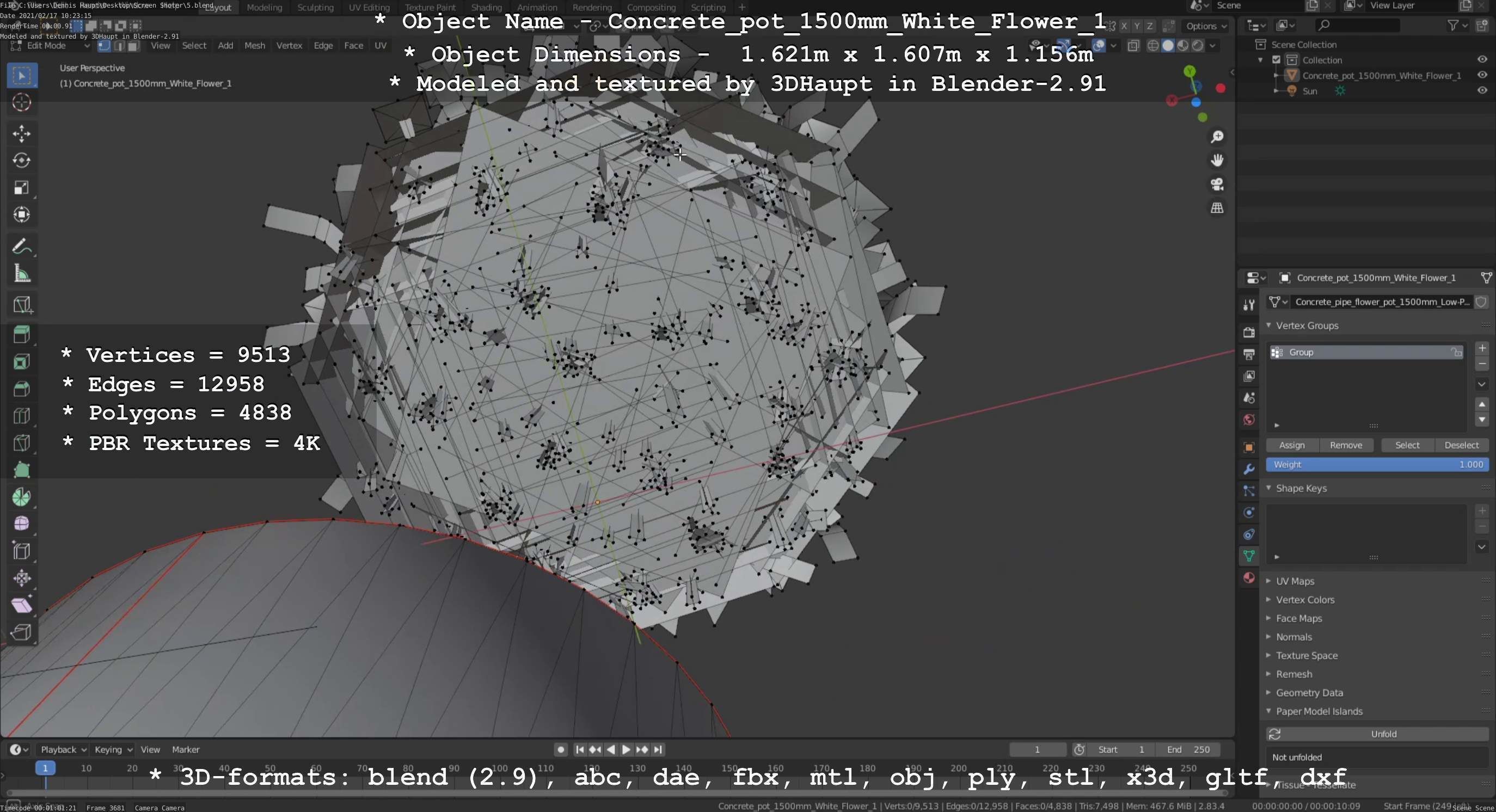 Concrete Pipe Pot 1500mm with White Version 1 Low-poly 3D model_38