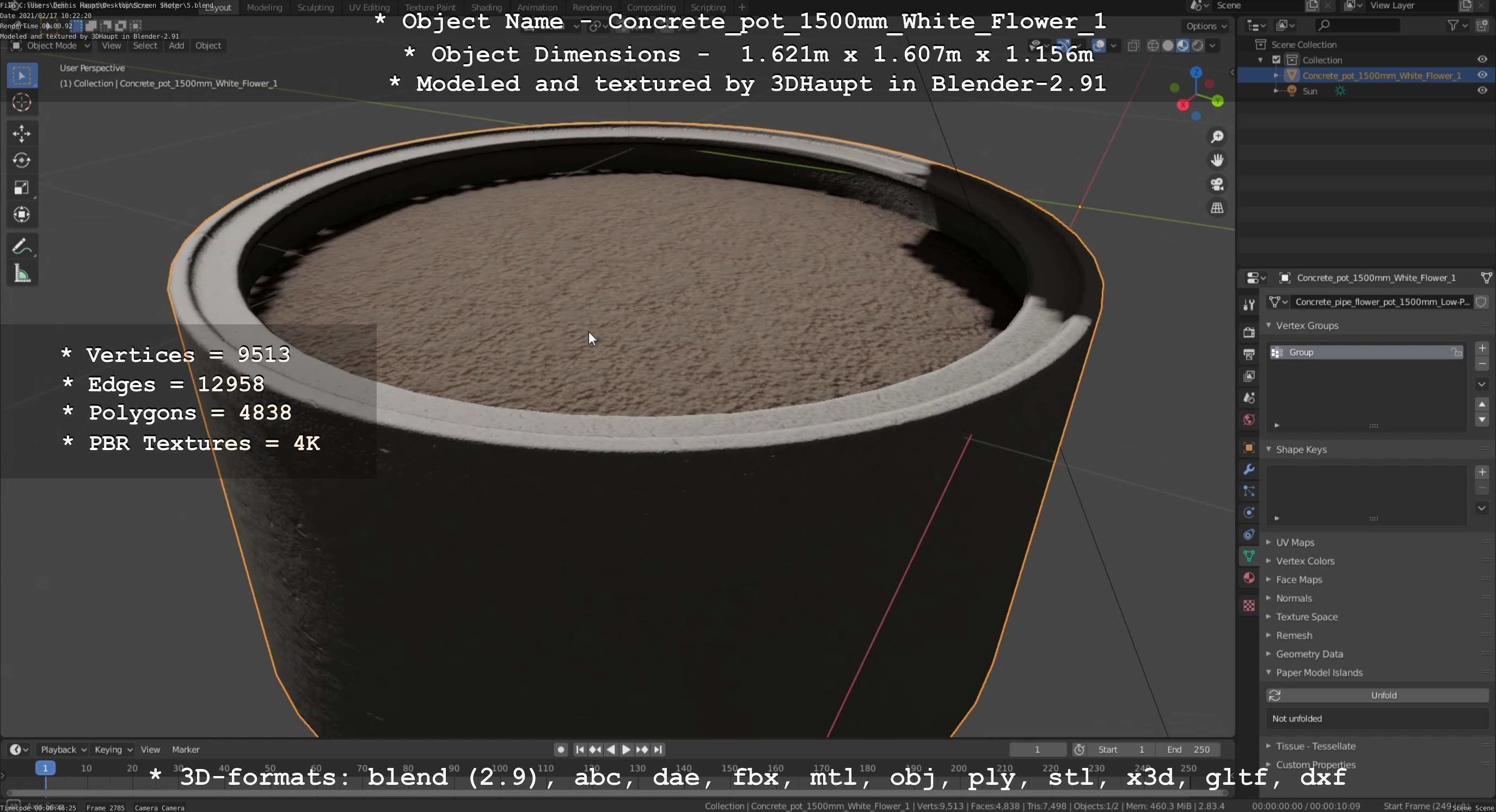 Concrete Pipe Pot 1500mm with White Version 1 Low-poly 3D model_138