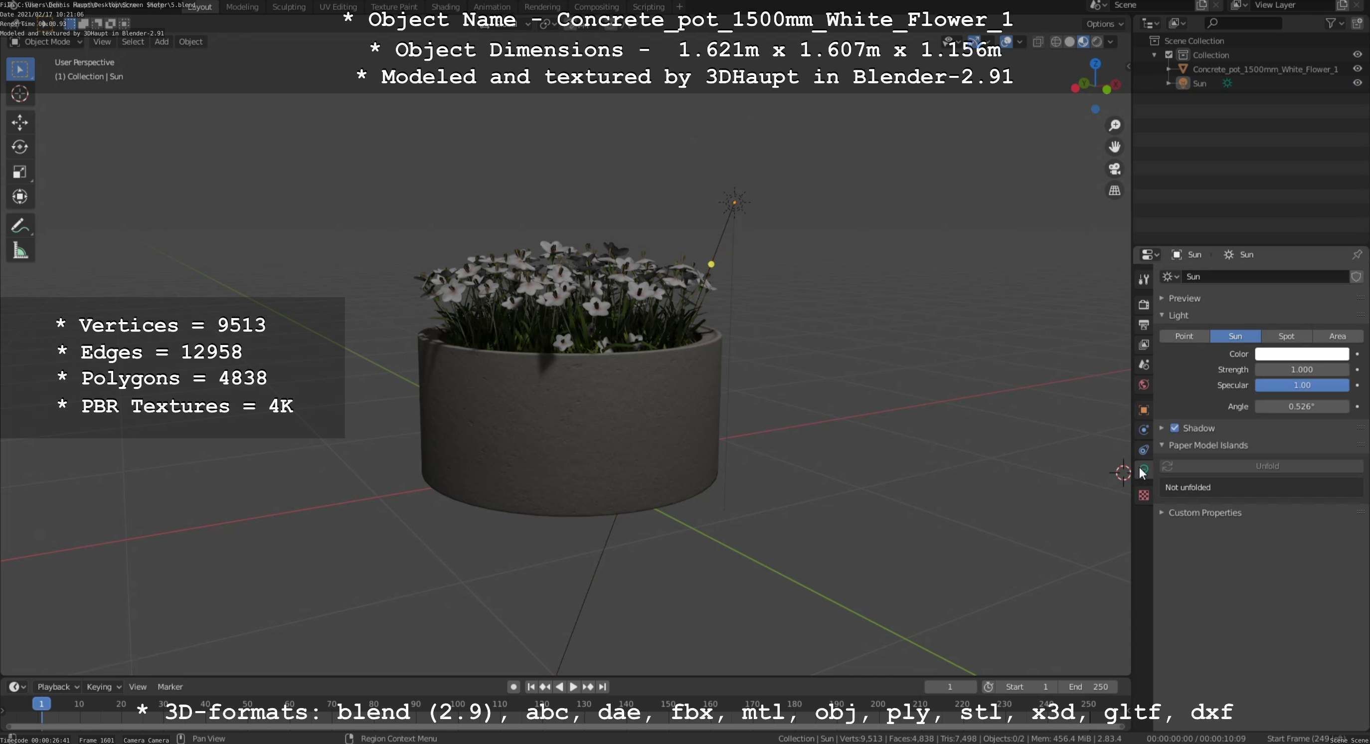 Concrete Pipe Pot 1500mm with White Version 1 Low-poly 3D model_105