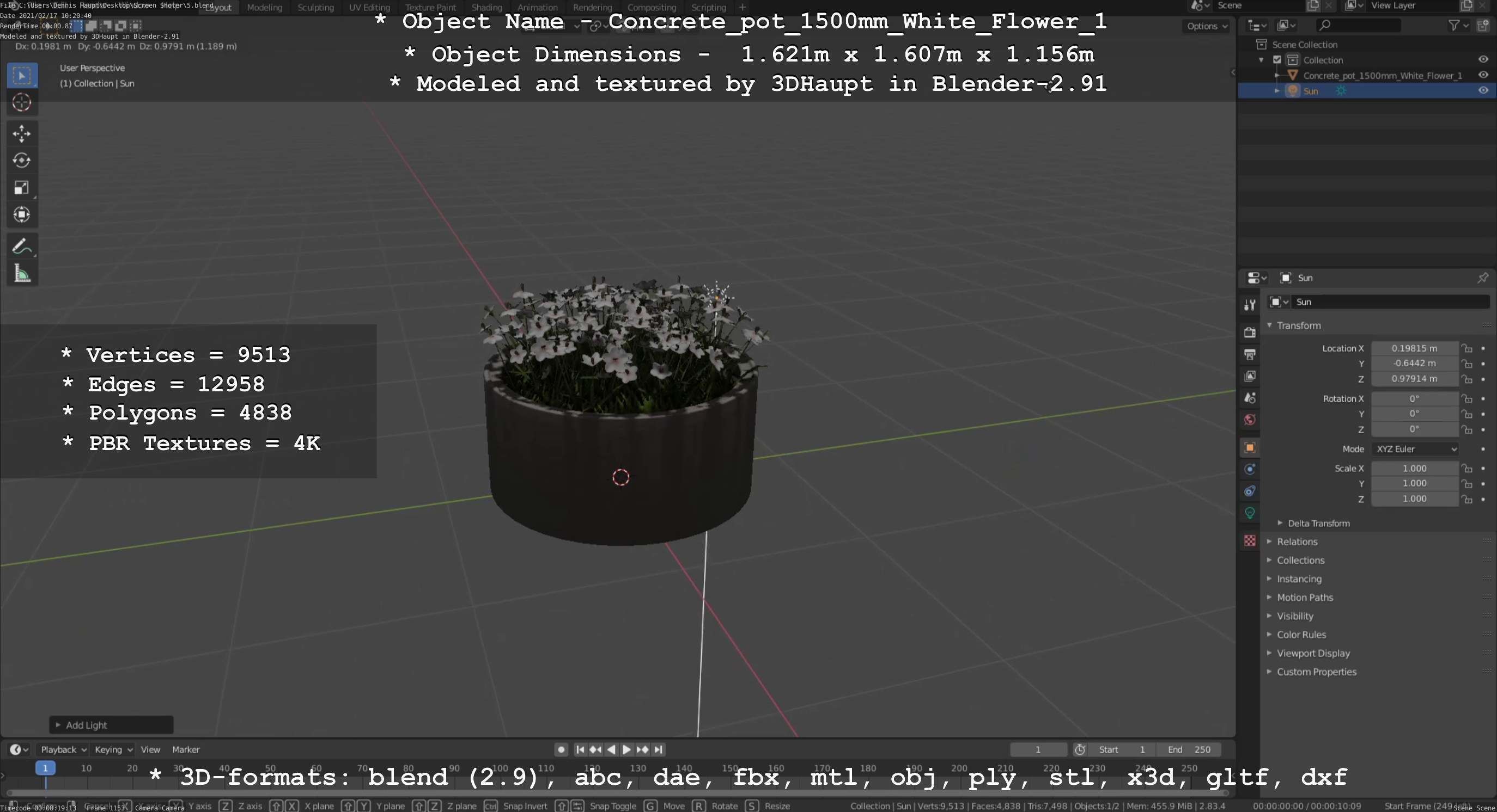 Concrete Pipe Pot 1500mm with White Version 1 Low-poly 3D model_100