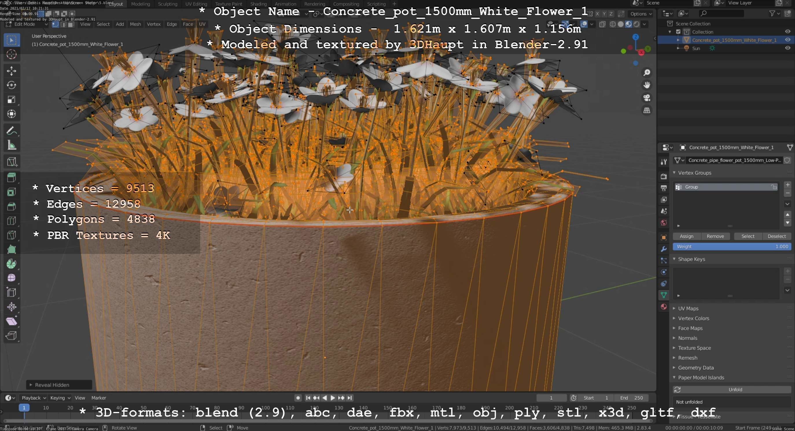 Concrete Pipe Pot 1500mm with White Version 1 Low-poly 3D model_9
