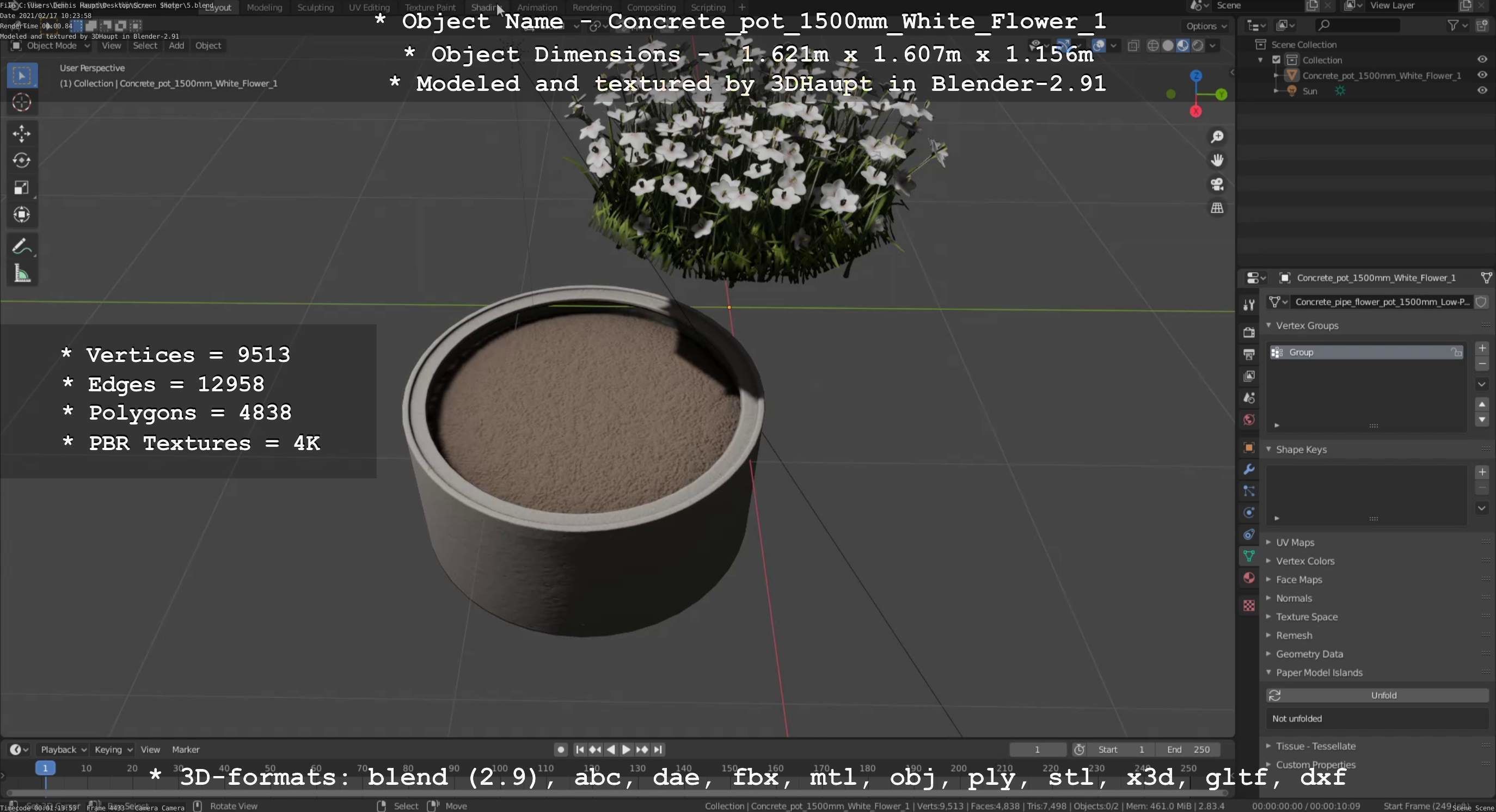 Concrete Pipe Pot 1500mm with White Version 1 Low-poly 3D model_41