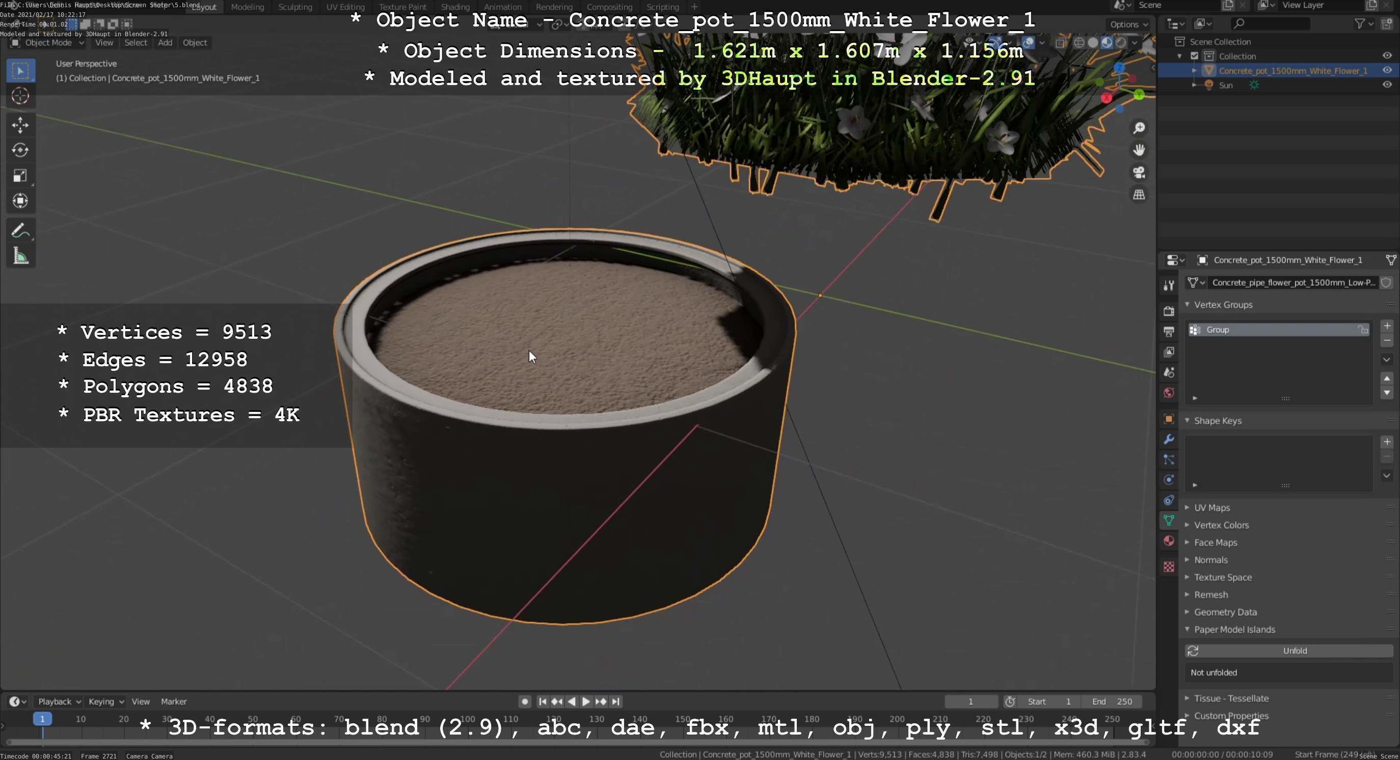Concrete Pipe Pot 1500mm with White Version 1 Low-poly 3D model_135