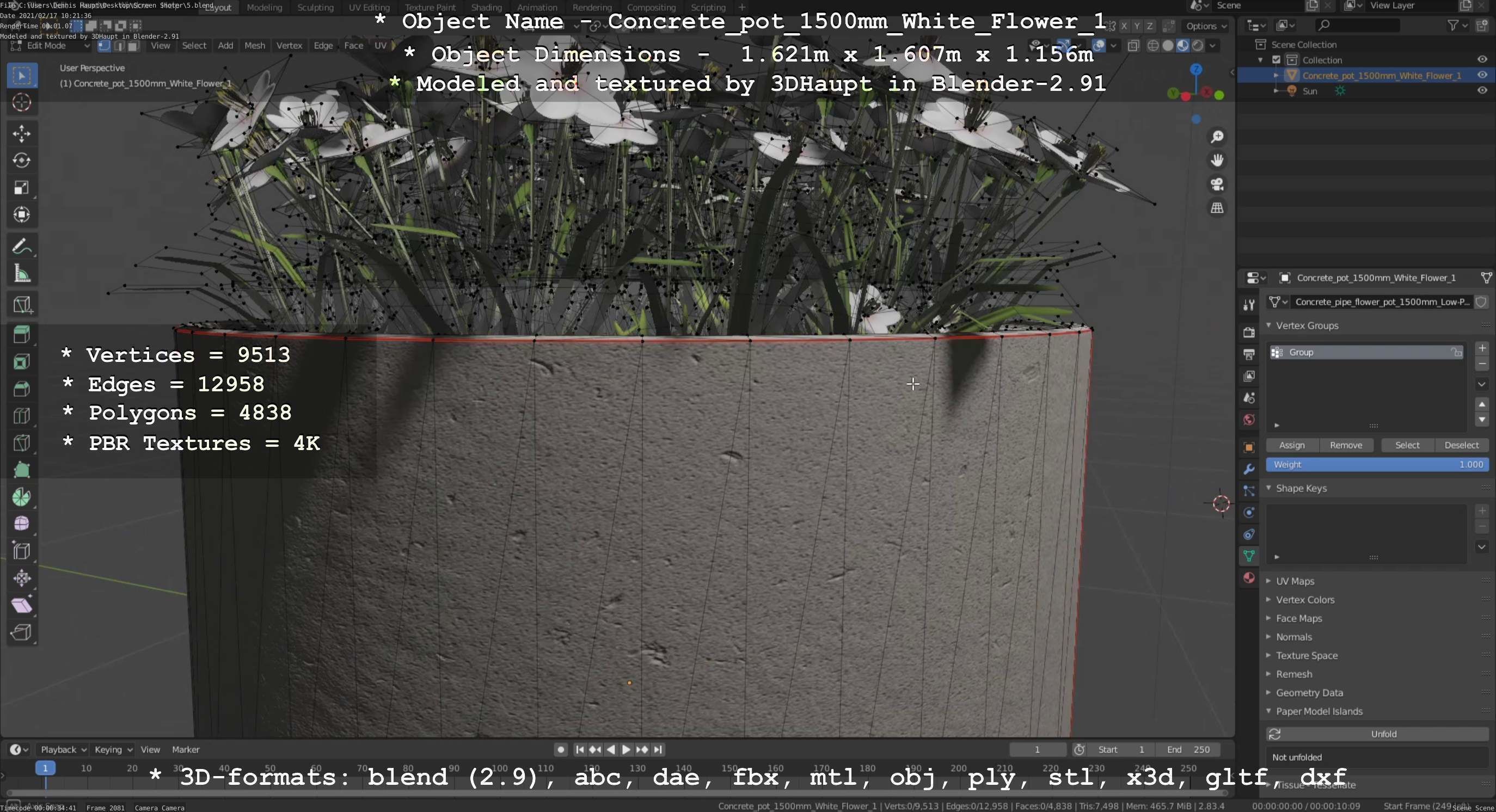 Concrete Pipe Pot 1500mm with White Version 1 Low-poly 3D model_11