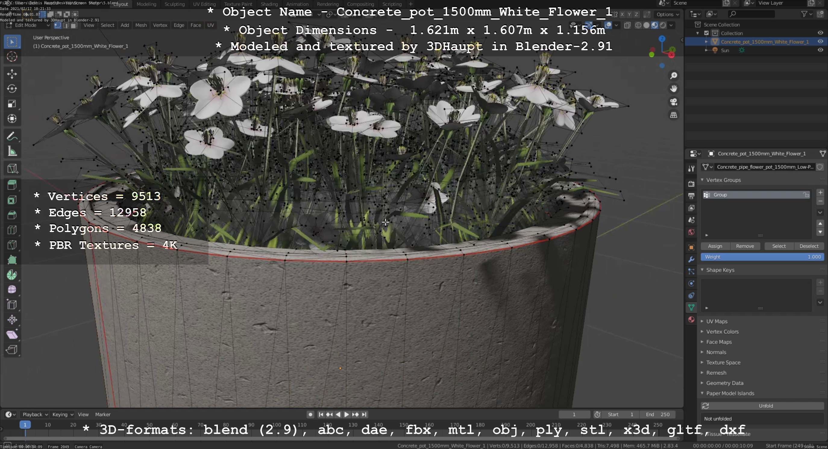 Concrete Pipe Pot 1500mm with White Version 1 Low-poly 3D model_10