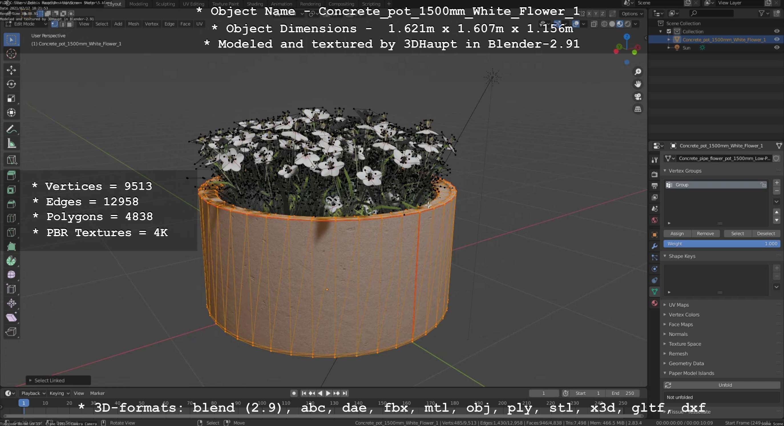 Concrete Pipe Pot 1500mm with White Version 1 Low-poly 3D model_123