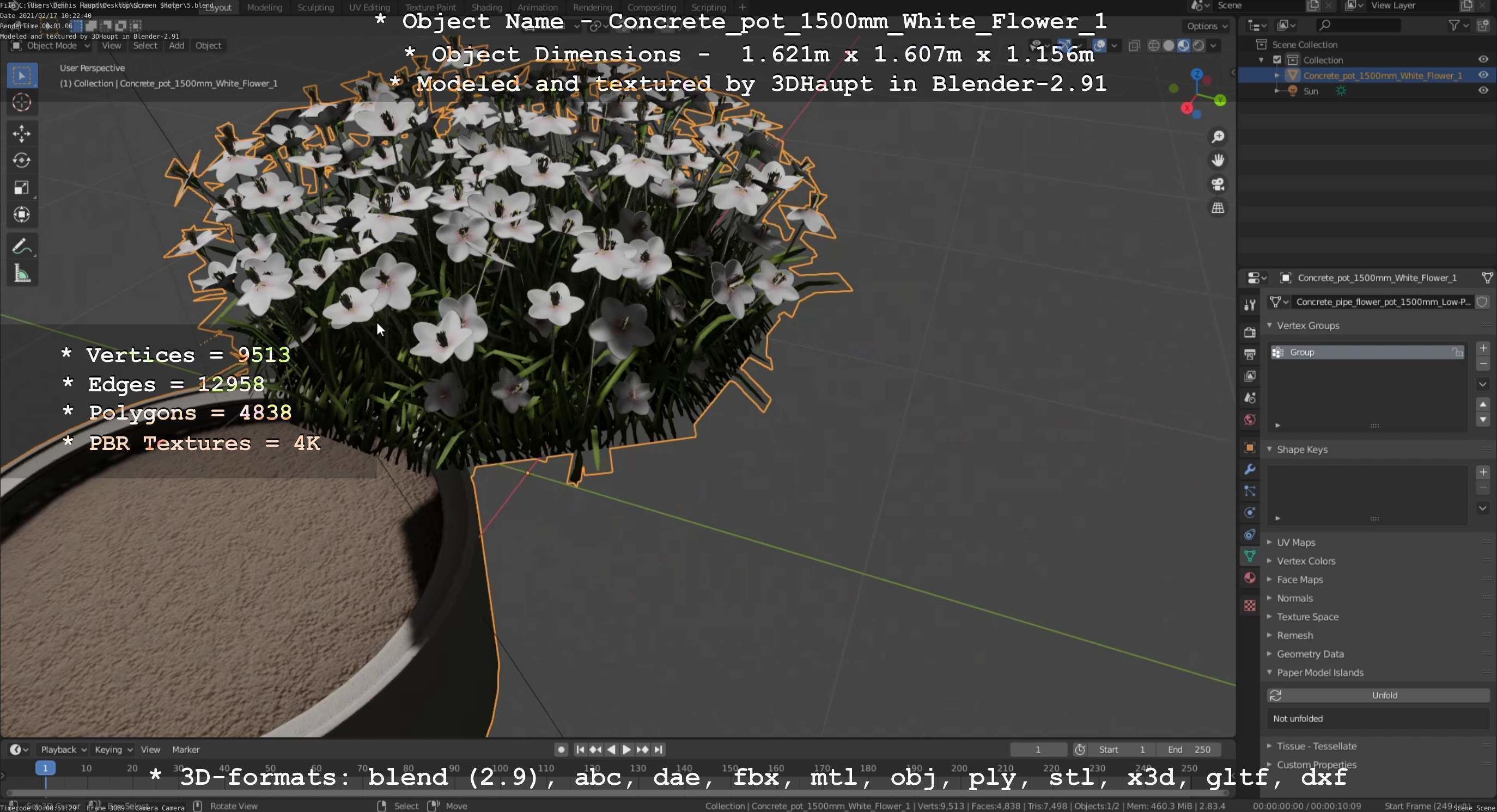 Concrete Pipe Pot 1500mm with White Version 1 Low-poly 3D model_147