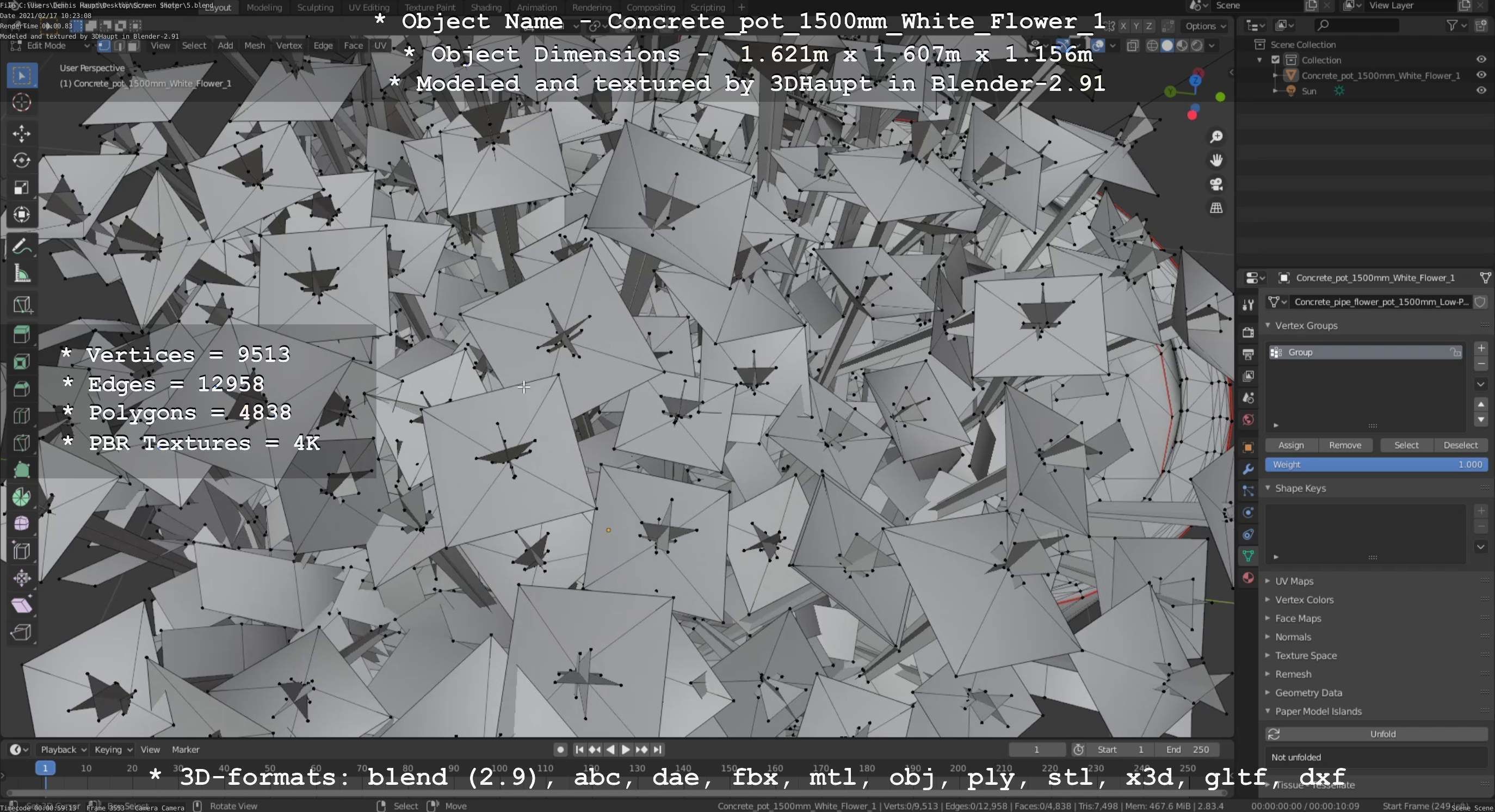 Concrete Pipe Pot 1500mm with White Version 1 Low-poly 3D model_95