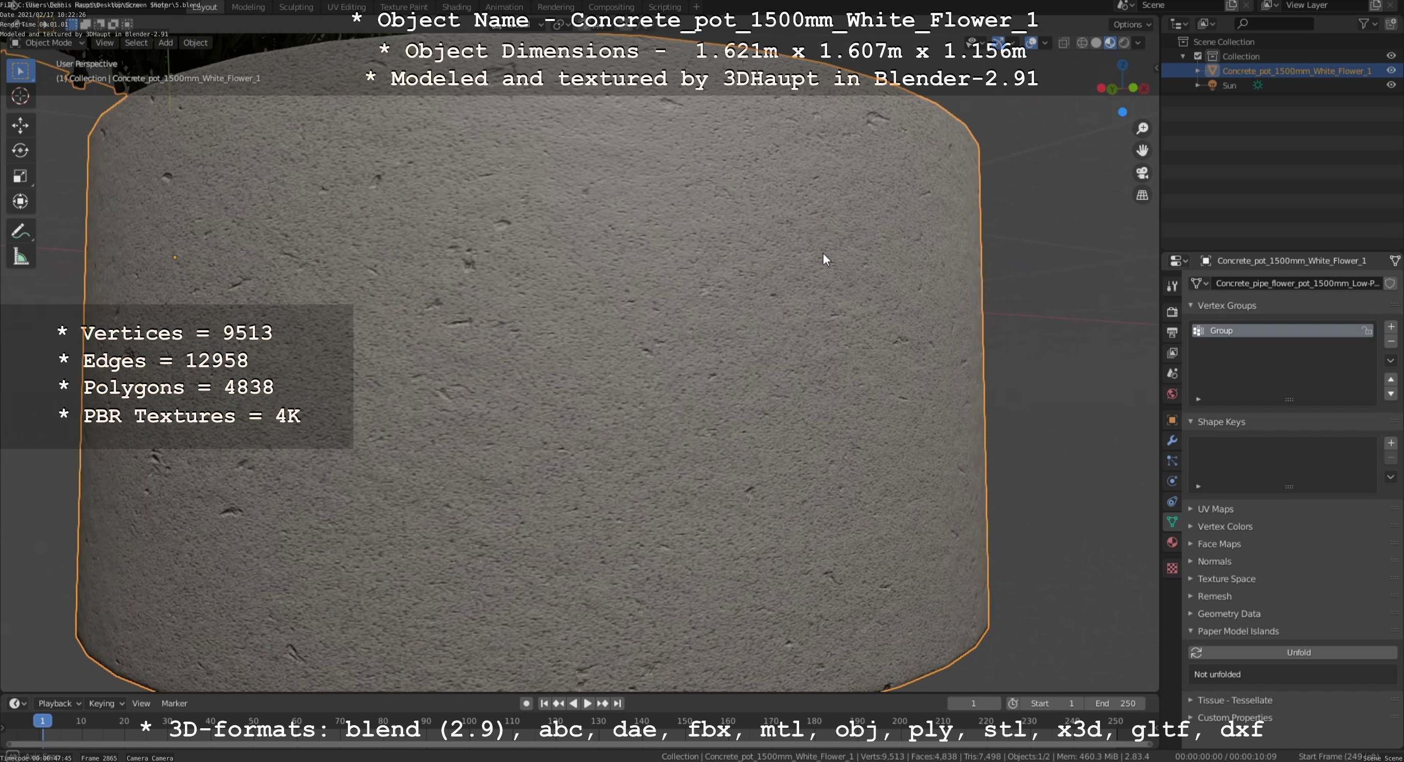 Concrete Pipe Pot 1500mm with White Version 1 Low-poly 3D model_143