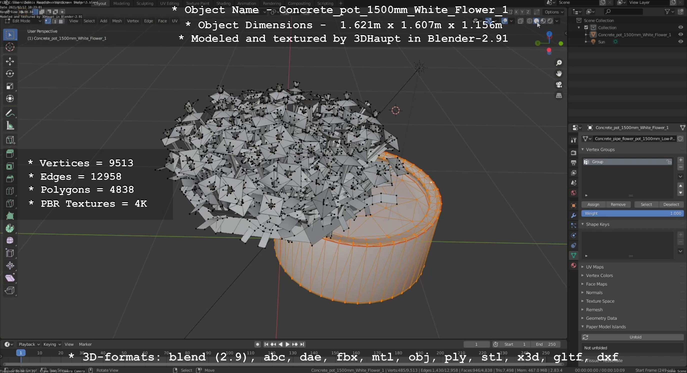 Concrete Pipe Pot 1500mm with White Version 1 Low-poly 3D model_32