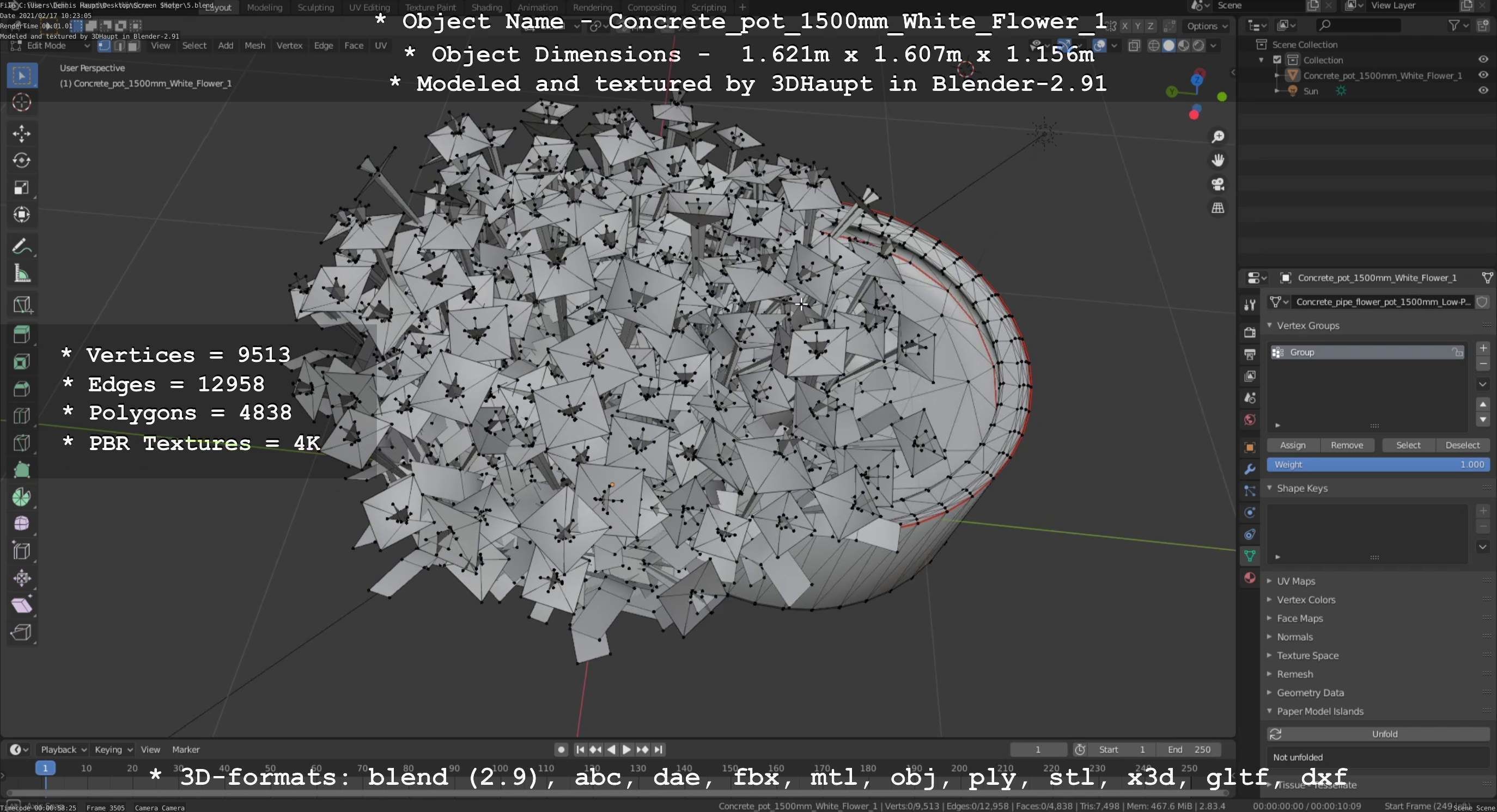 Concrete Pipe Pot 1500mm with White Version 1 Low-poly 3D model_33