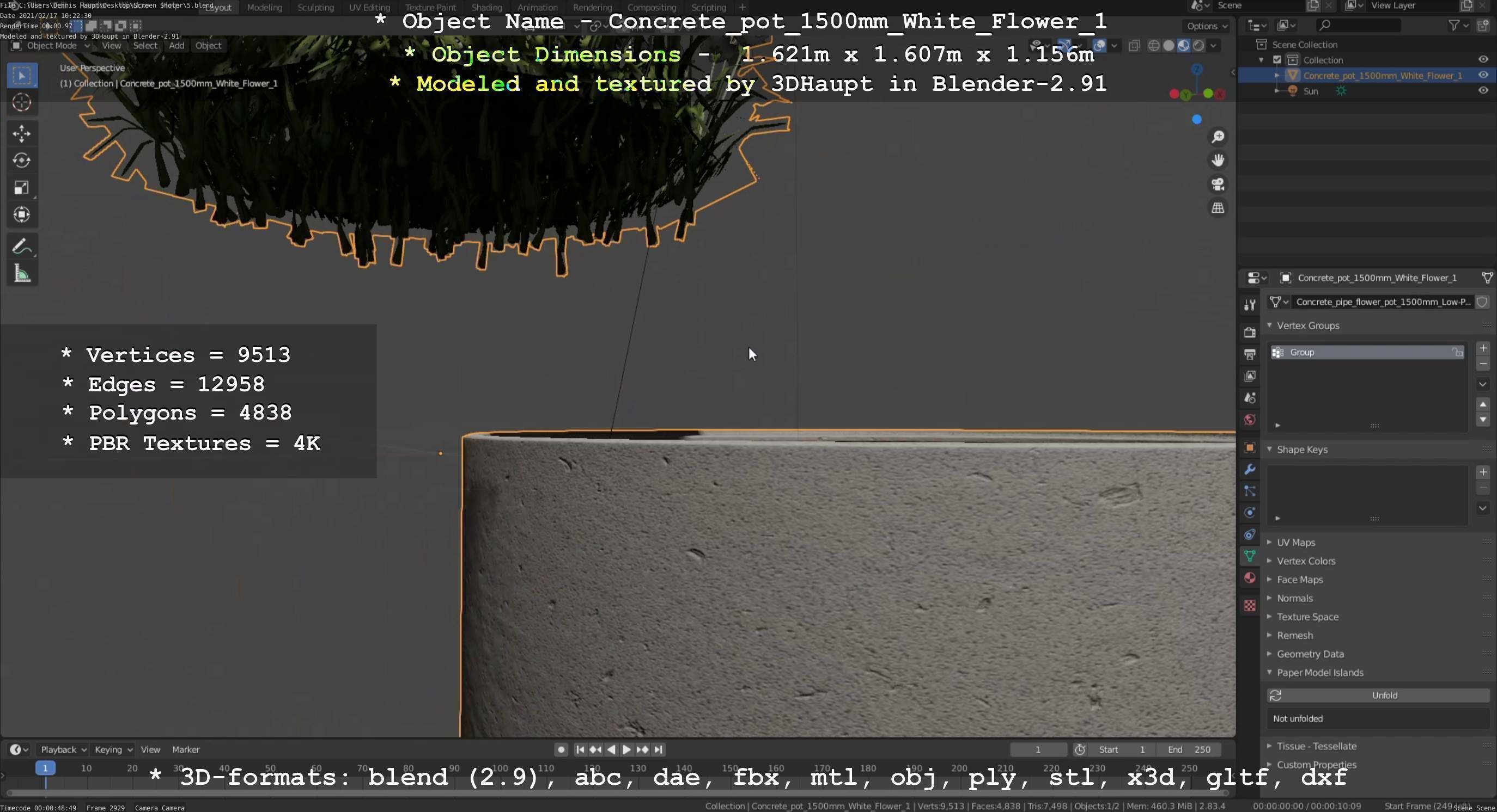 Concrete Pipe Pot 1500mm with White Version 1 Low-poly 3D model_25
