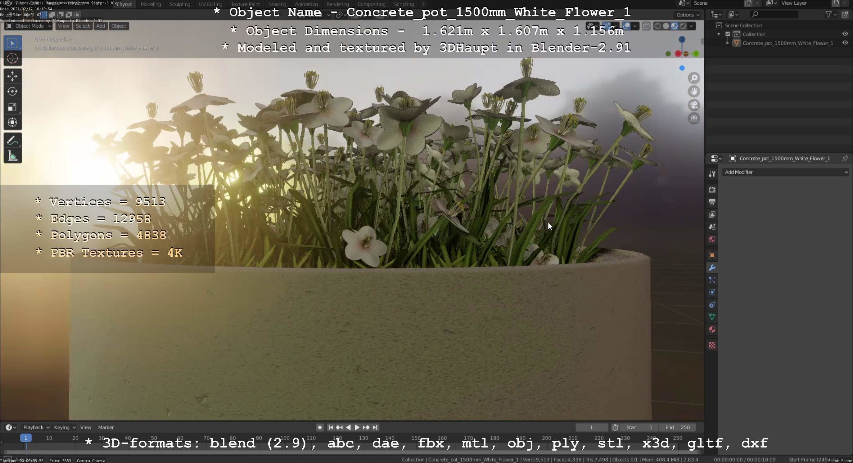 Concrete Pipe Pot 1500mm with White Version 1 Low-poly 3D model_13